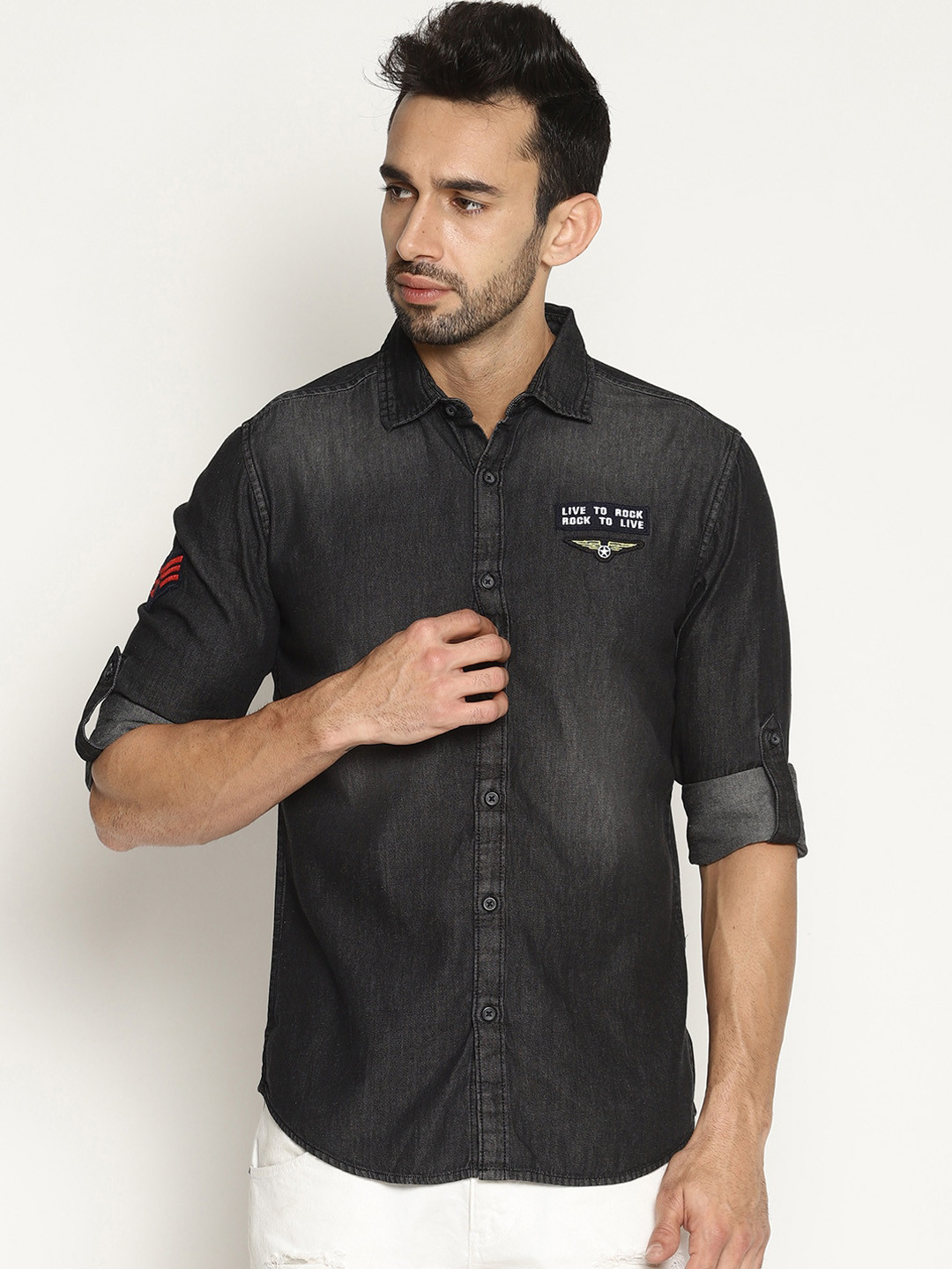 IVOC Men Black Slim Fit Faded Casual Shirt
