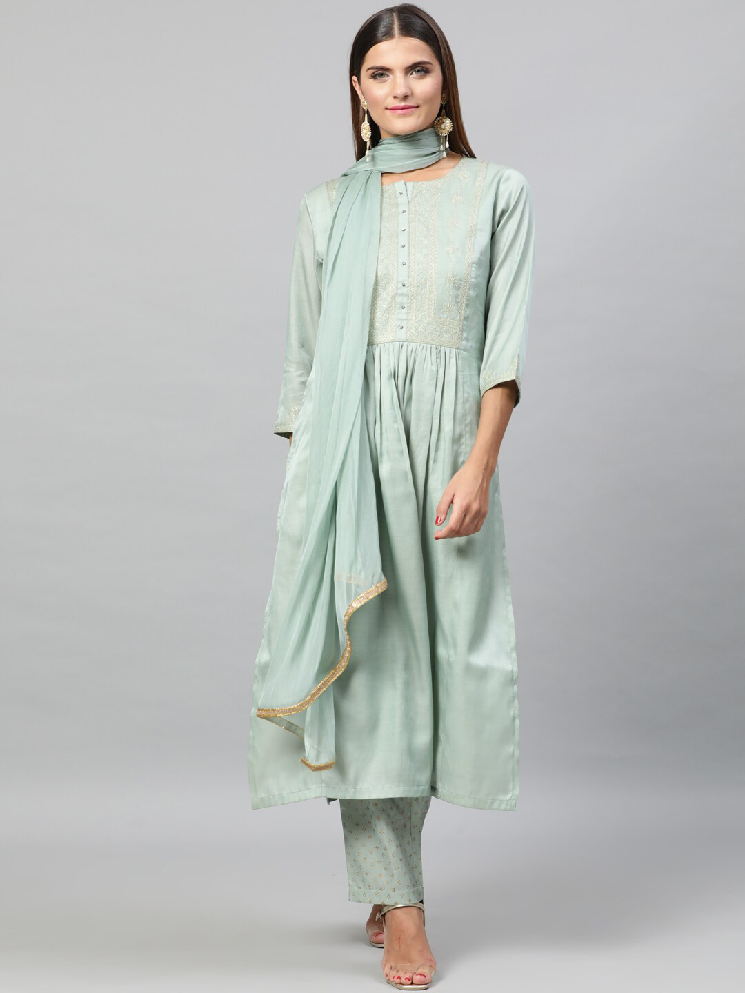 STREET 9 Women Sea Green Self Design Kurta with Trousers & Dupatta