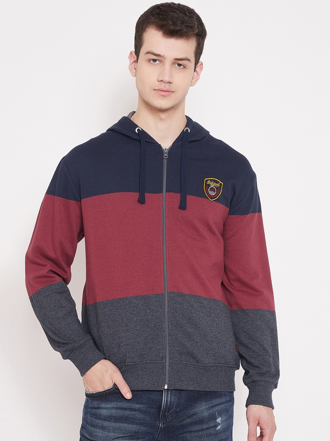 Austin wood Men Red & Navy Blue Colourblocked Hooded Sweatshirt