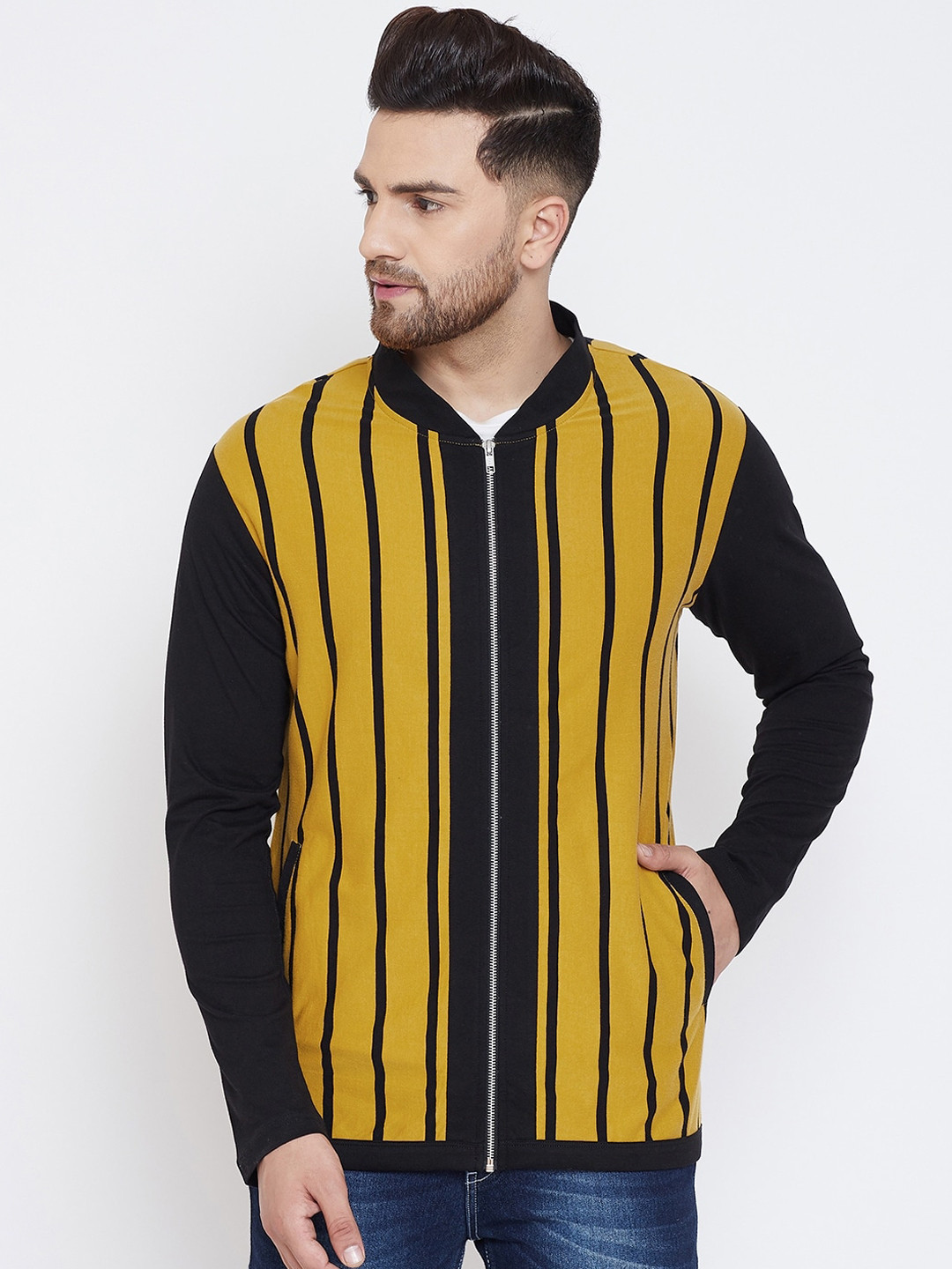 Hypernation Men Yellow & Black Striped V-Neck Zipped T-shirt