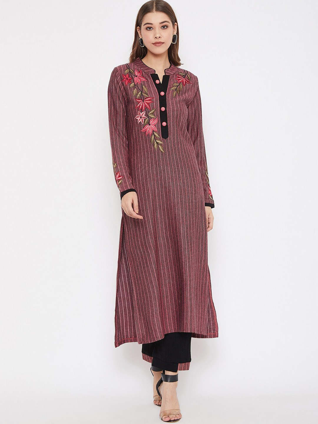Zigo Winter Wear Women Peach-Coloured & Black Striped Kurta with Churidar