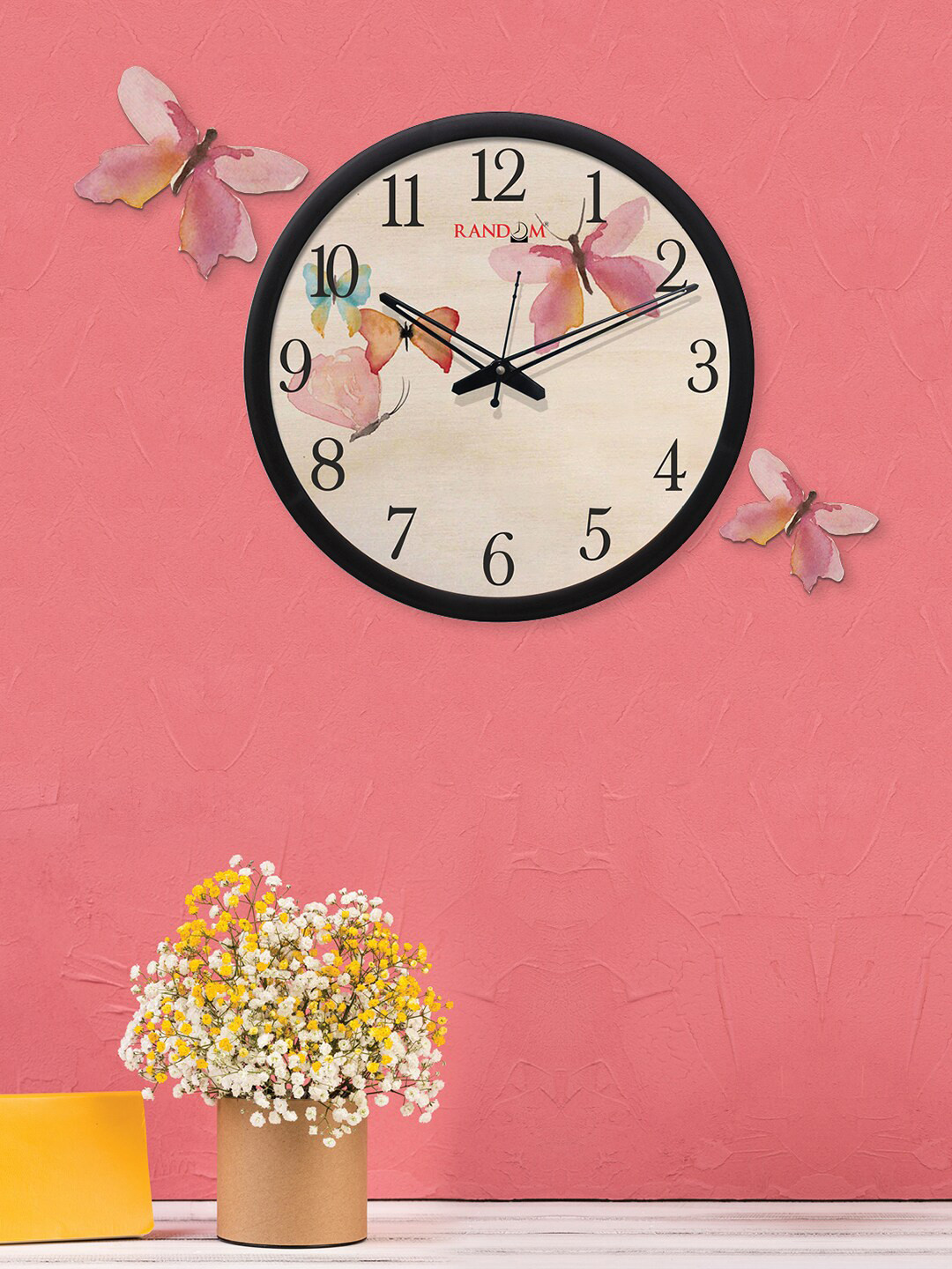 RANDOM Butterfly Black Plastic Large Display 3 Pcs Round Battery Analogue Wall Clock-30cm