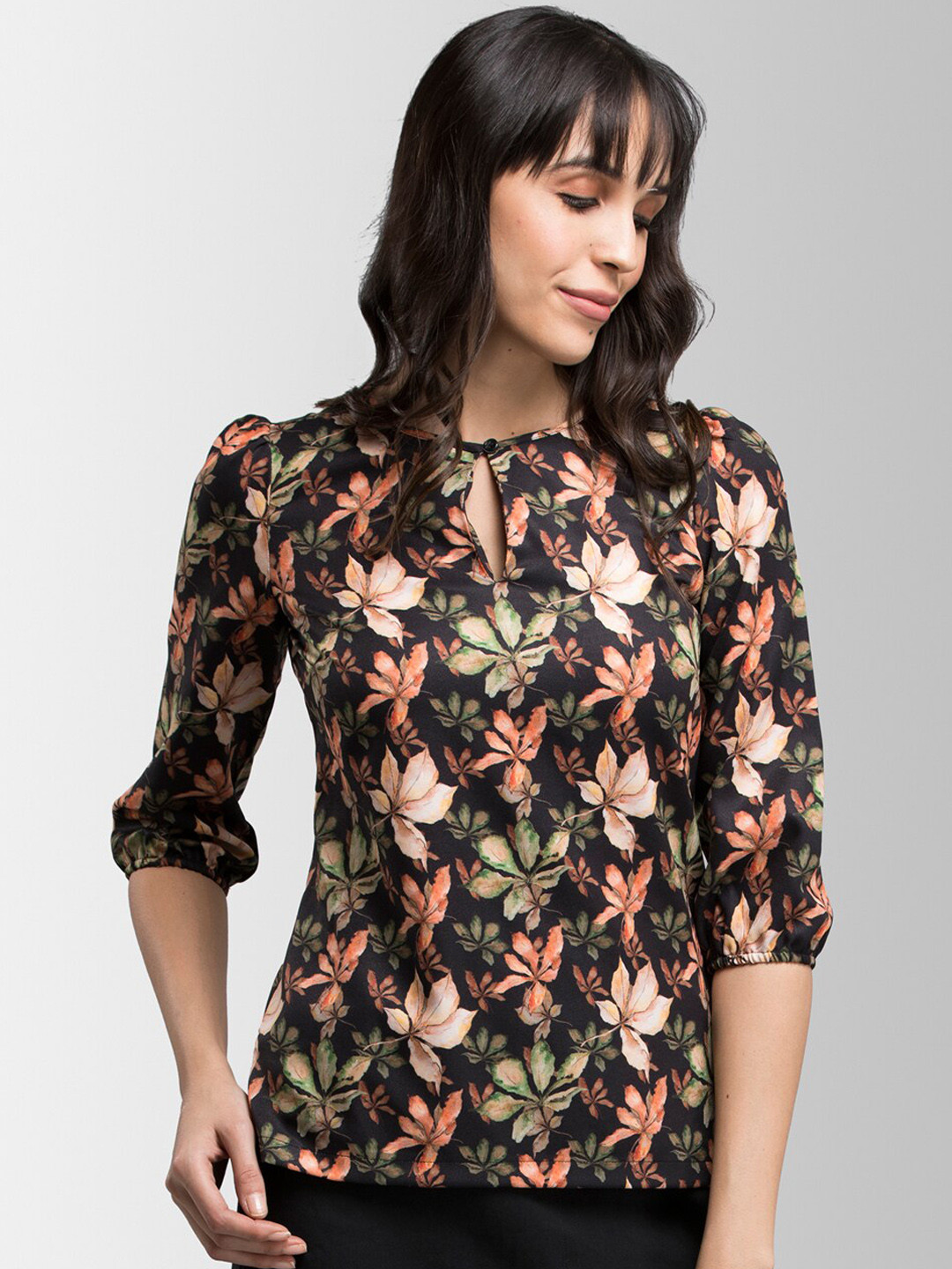 FableStreet Black Leaf Print Keyhole Neck Top