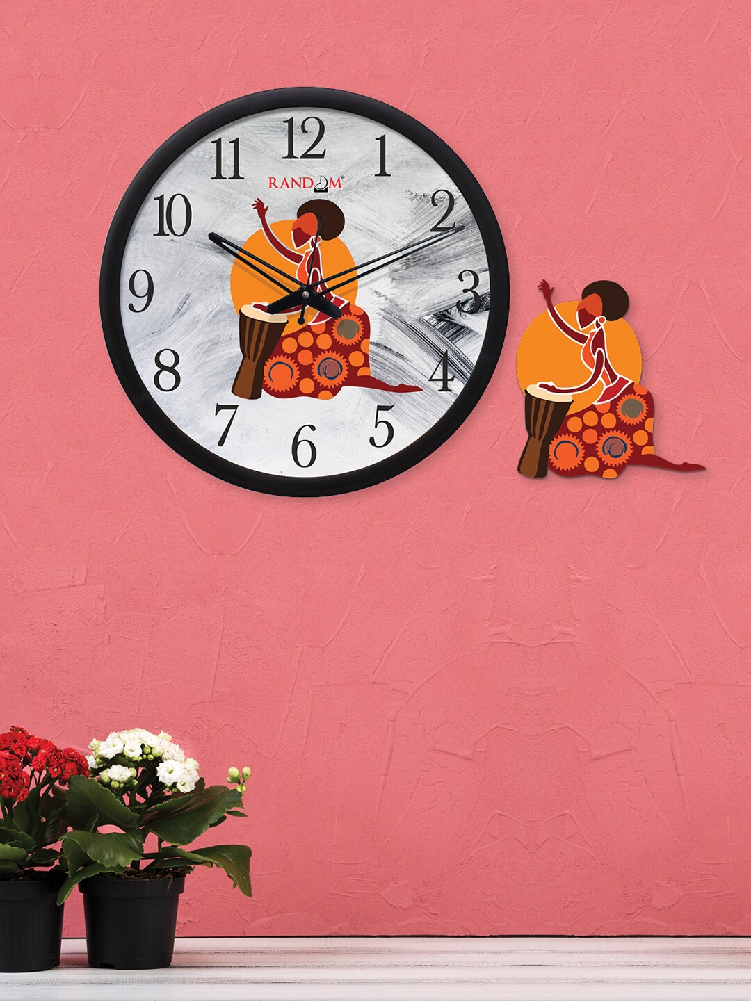 RANDOM Grey   Orange Lady Printed 12 Inch Dial Analogue Wall Clock With 1 Plaque