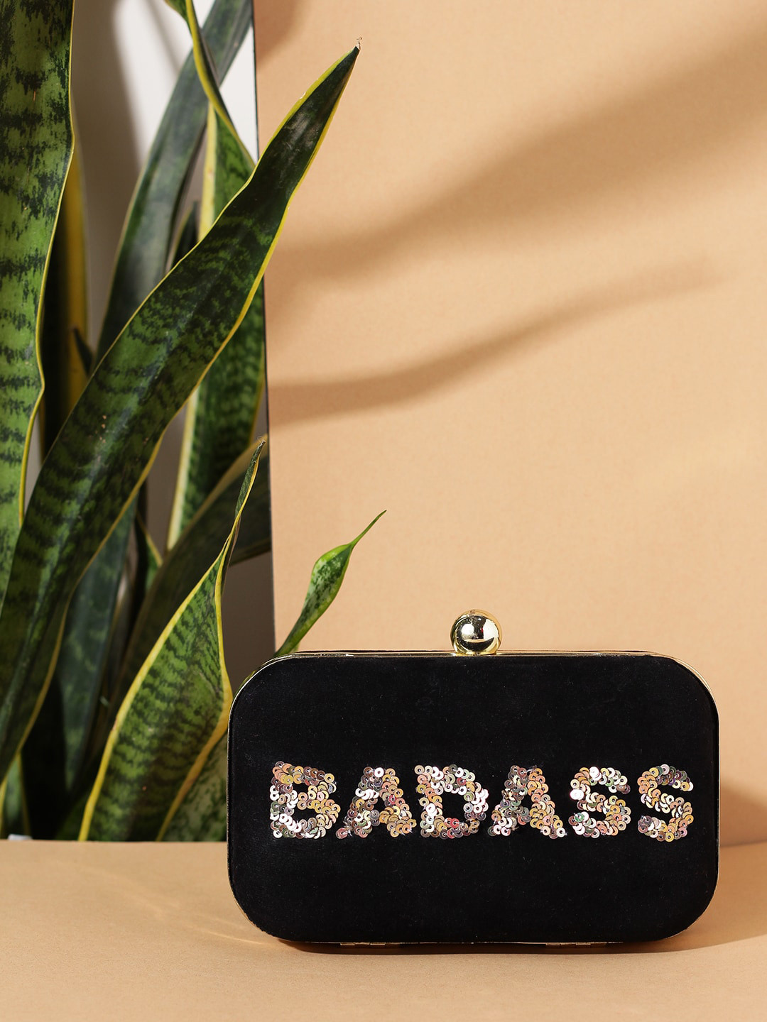 STREET 9 Black And Gold Embellished Clutch