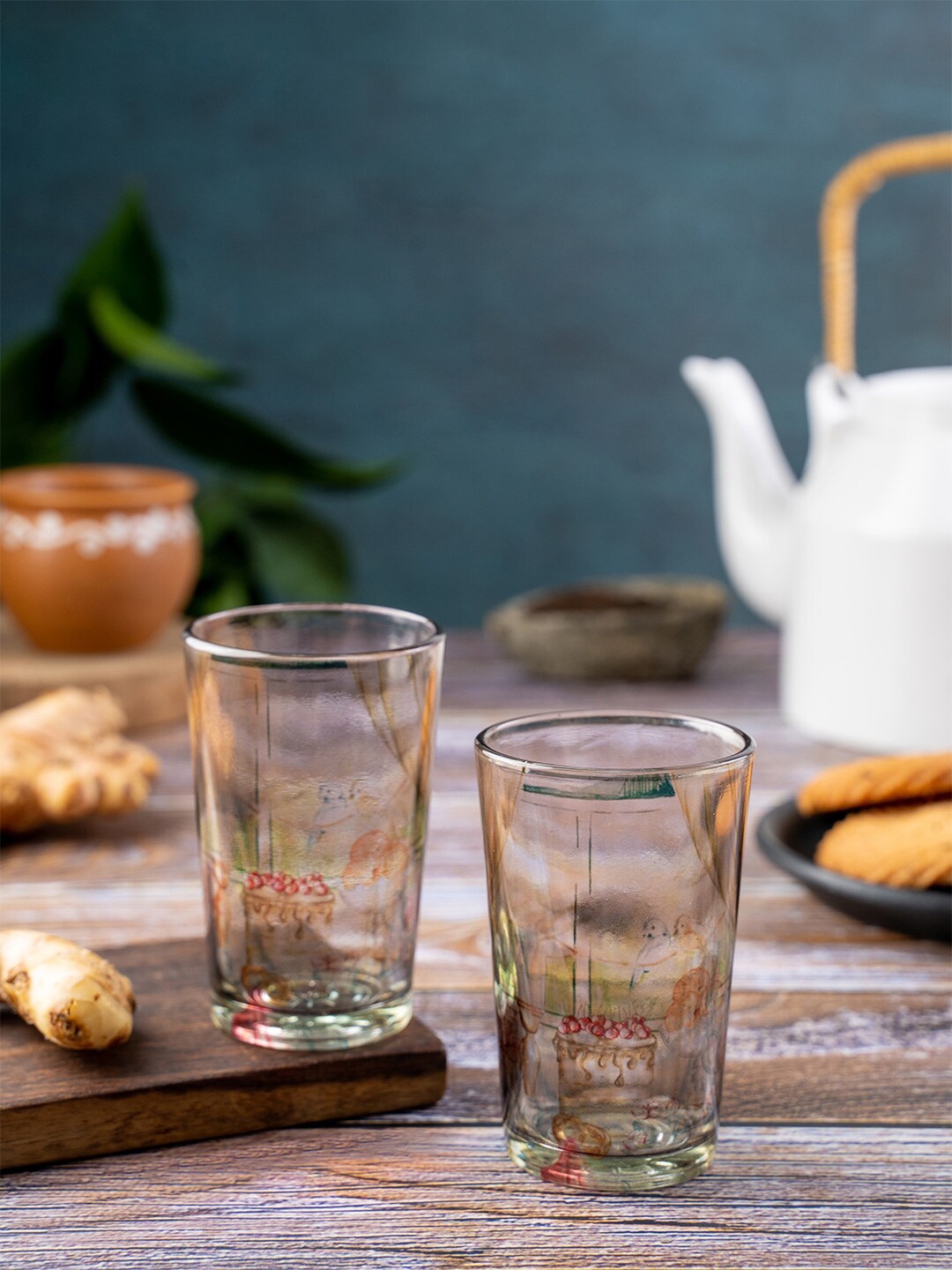 KOLOROBIA Brown TransparentPrinted Glass Cups Set