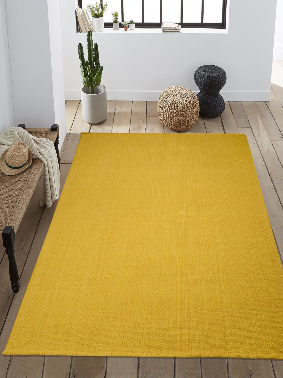 Saral Home Solid Yellow Cotton Multi Purpose Handloom Rugs-140x200 Cms
