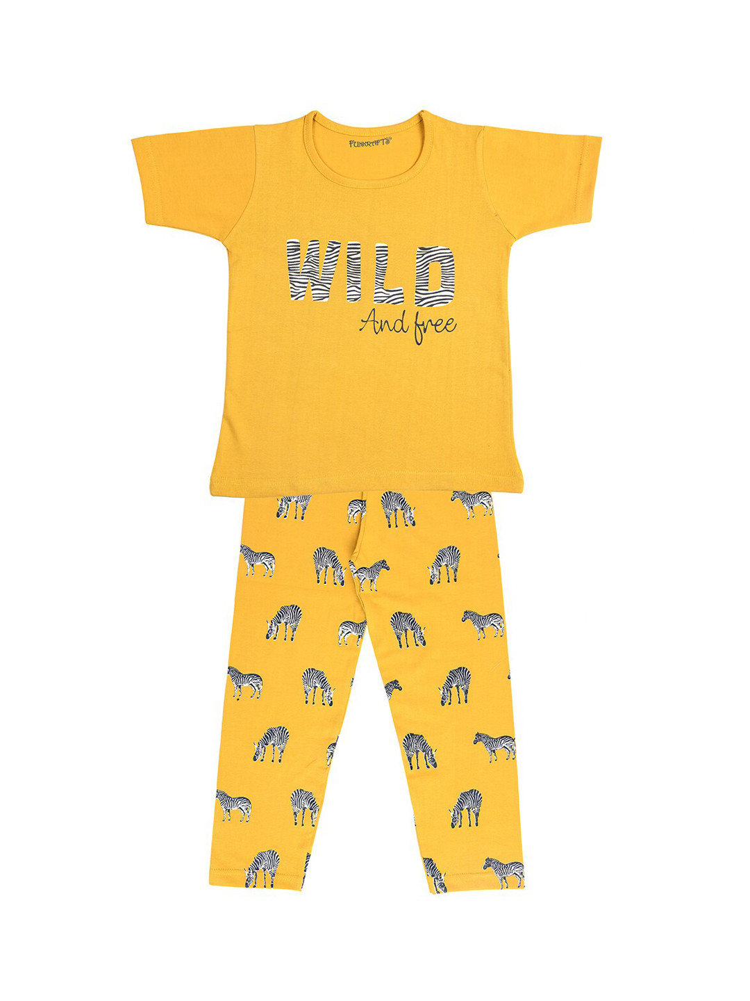 FUNKRAFTS Girls Mustard Yellow & Black Screen Printed Night Suit