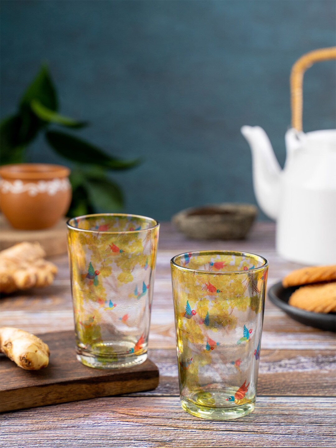 KOLOROBIA 2 Pieces Transparent Yellow Gond Art Printed Glass Cups Sets