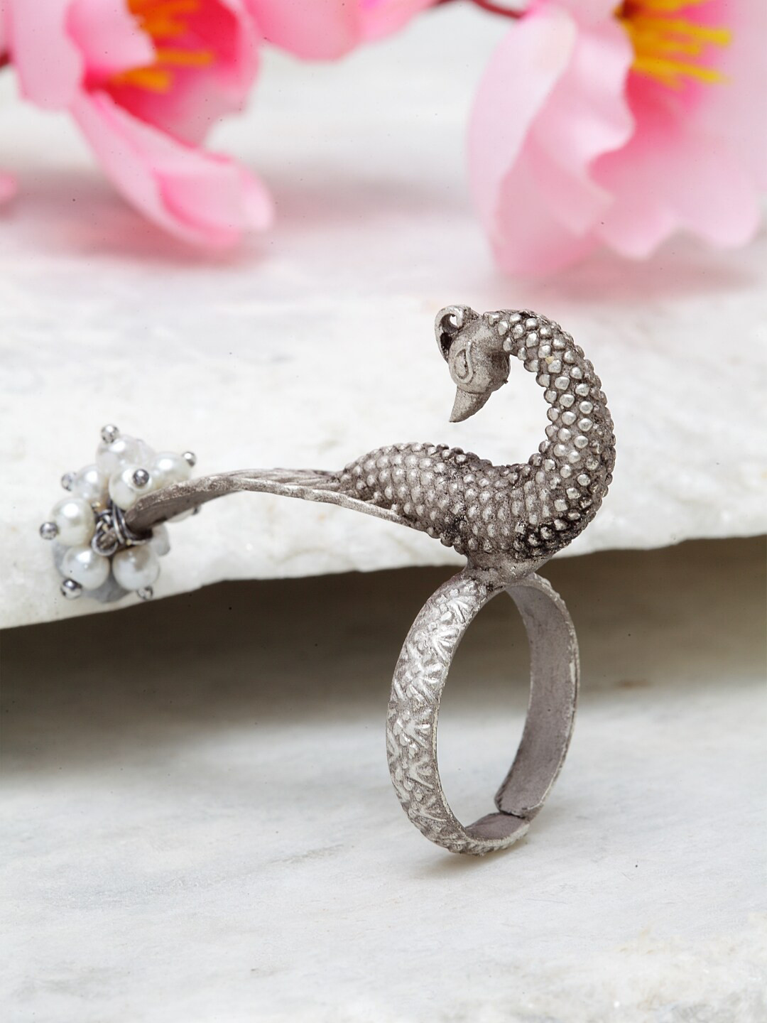 Moedbuille Oxidised Silver-Plated White Pearl Embellished Handcrafted Adjustable Finger Ring