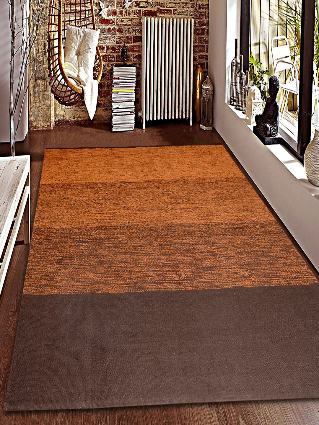 Saral Home Orange & Brown Striped Hand-Woven Anti-Skid Dhurrie