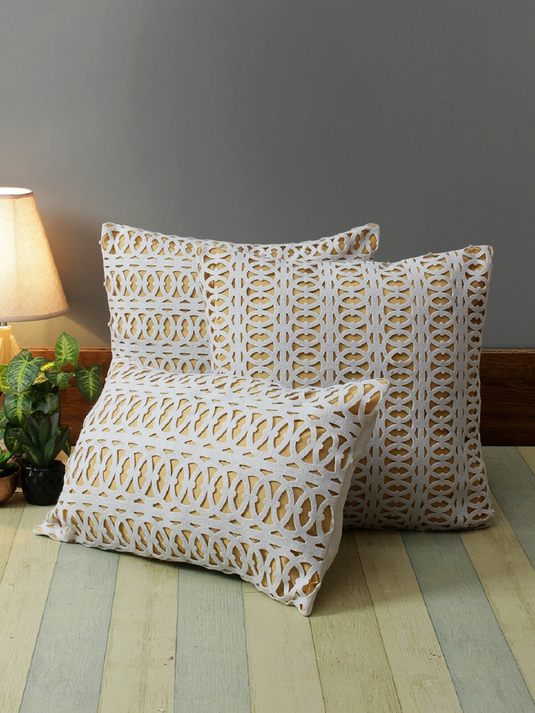 ROMEE Laser Cut Embroidered Polyester Washable 3 Pcs Square Cushion Covers - 16 x 16 In