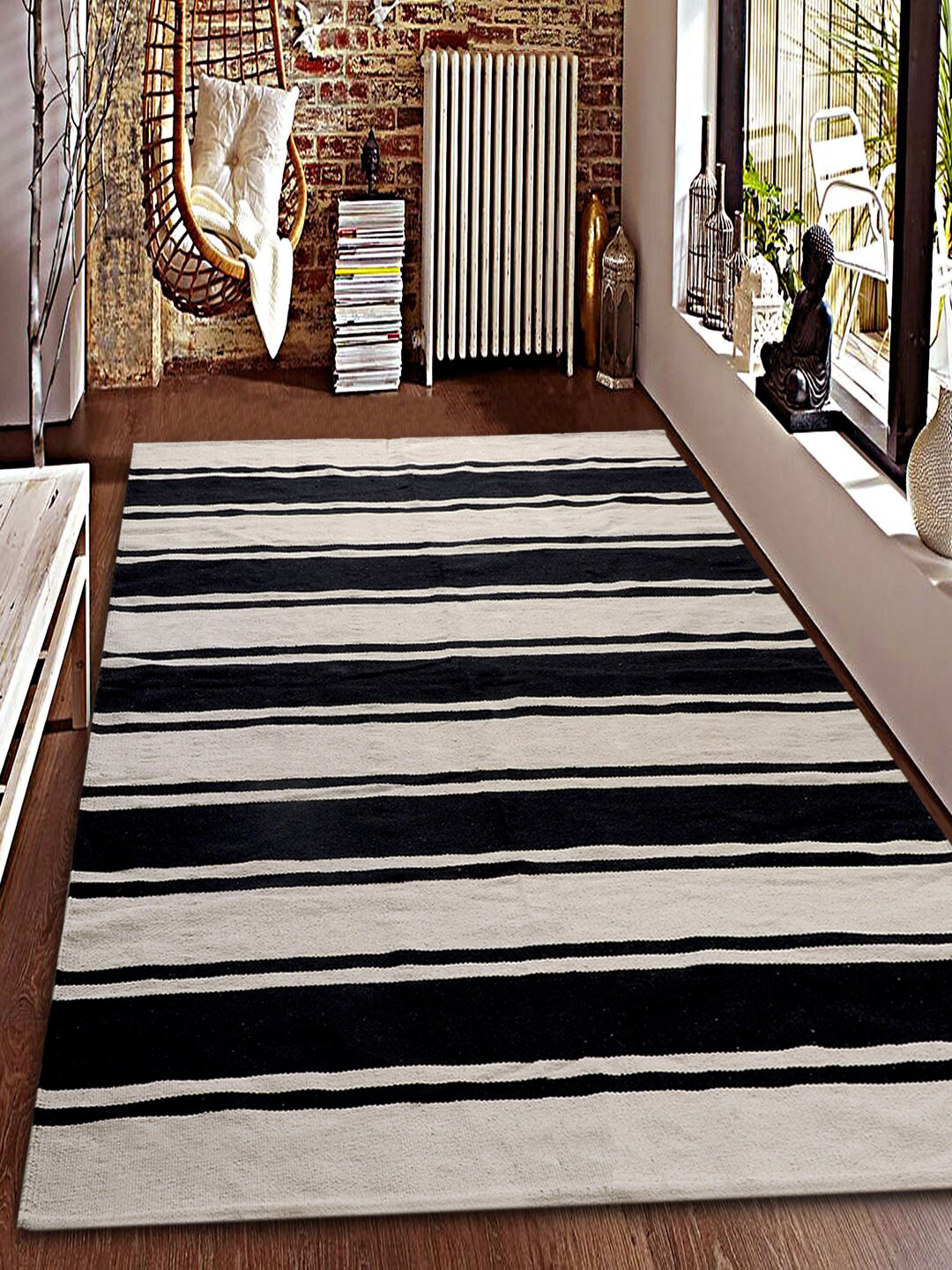 Saral Home Black & White Striped Anti-Skid Handwoven Dhurrie