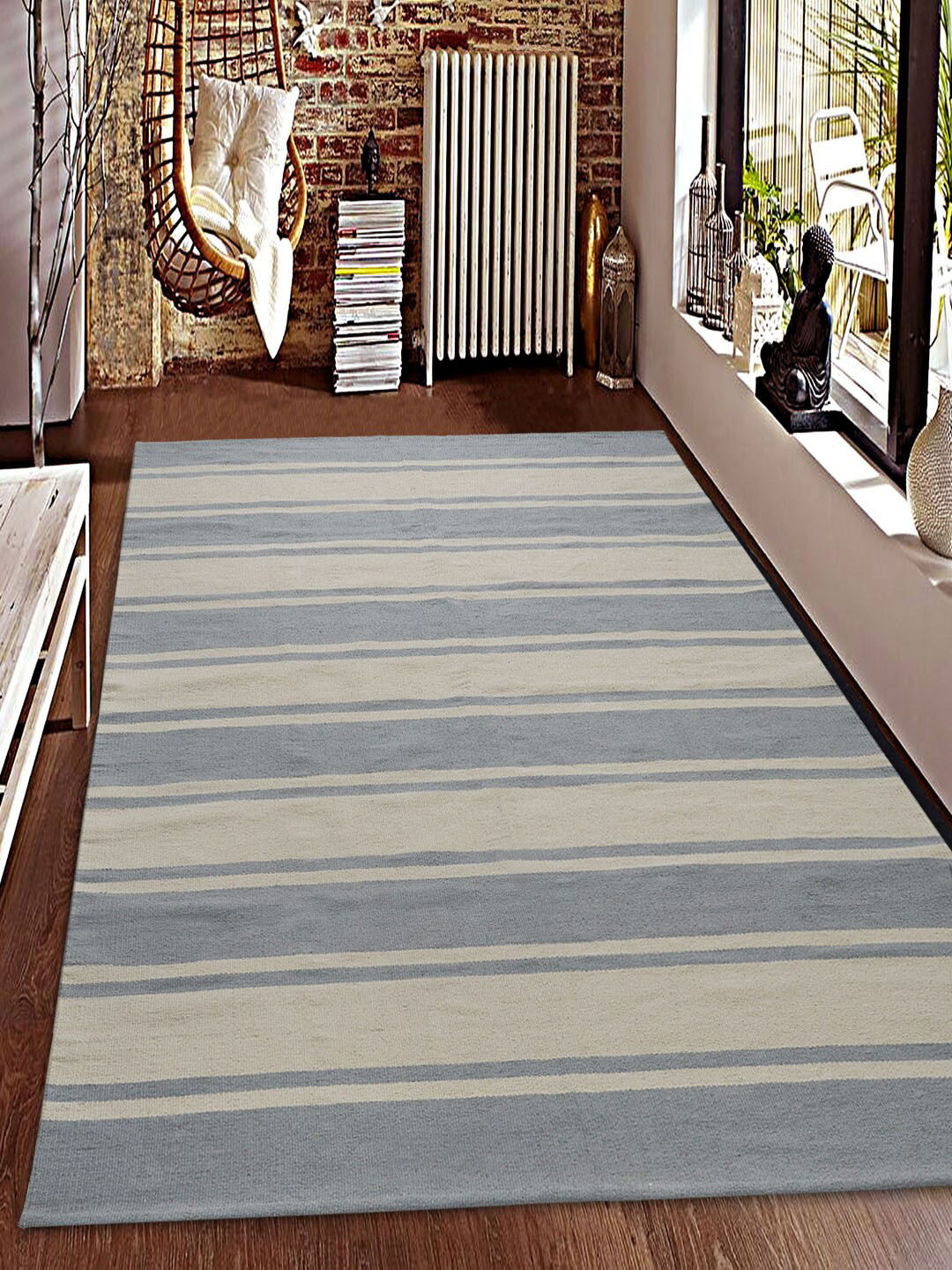 Saral Home Grey & Off-White Striped 100% Cotton Anti-Slip Dhurrie