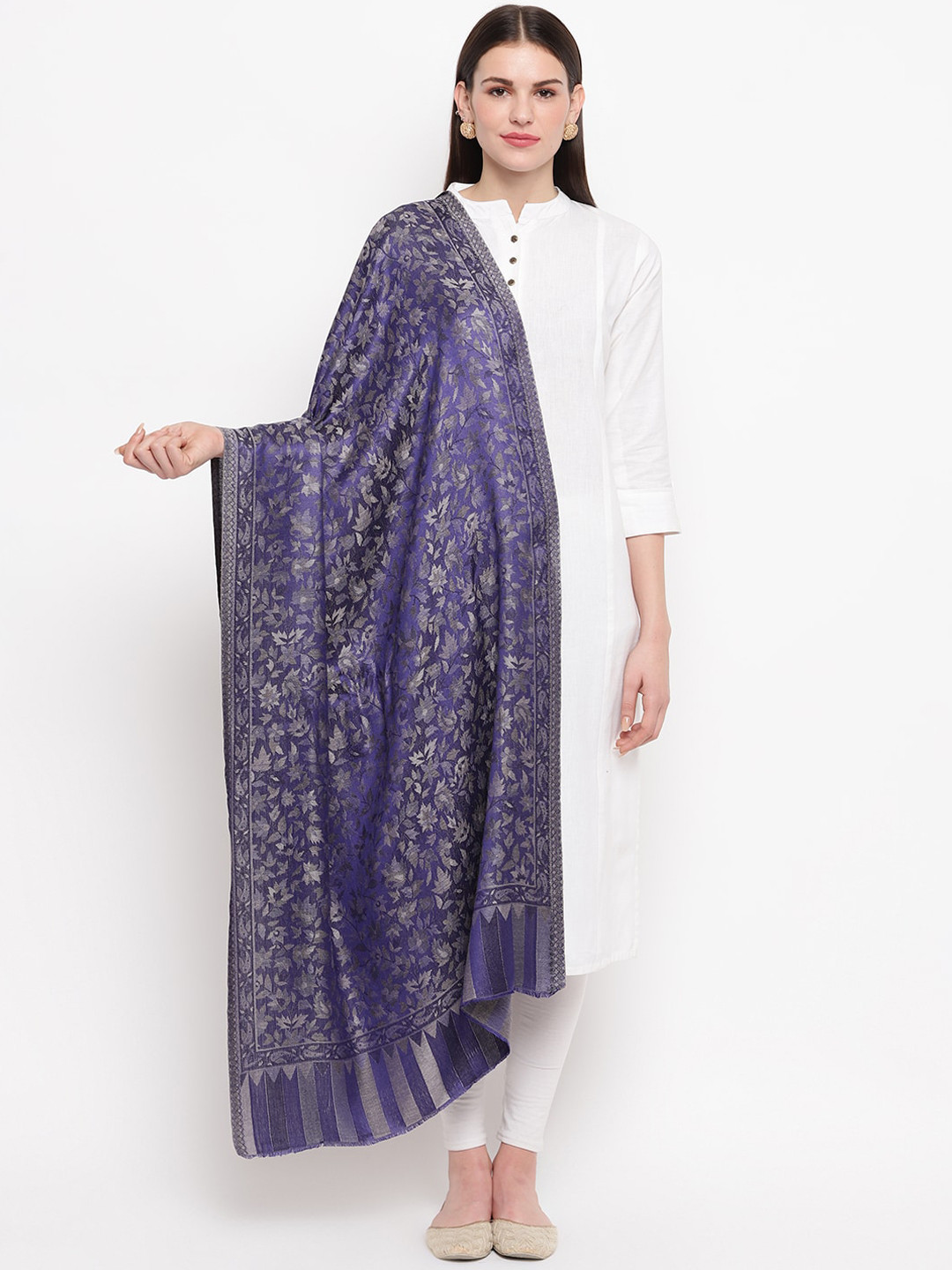 Tossido Women Blue Floral Woven Design Sustainable Kashmiri Stole
