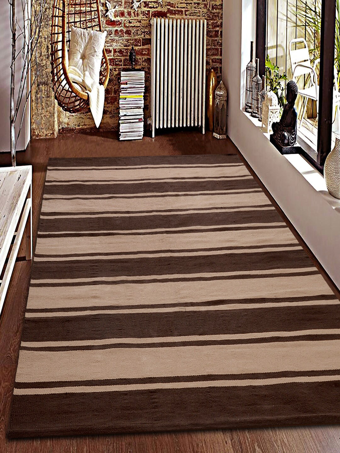 Saral Home Brown & Beige Striped Handwoven Anti-Skid Dhurrie