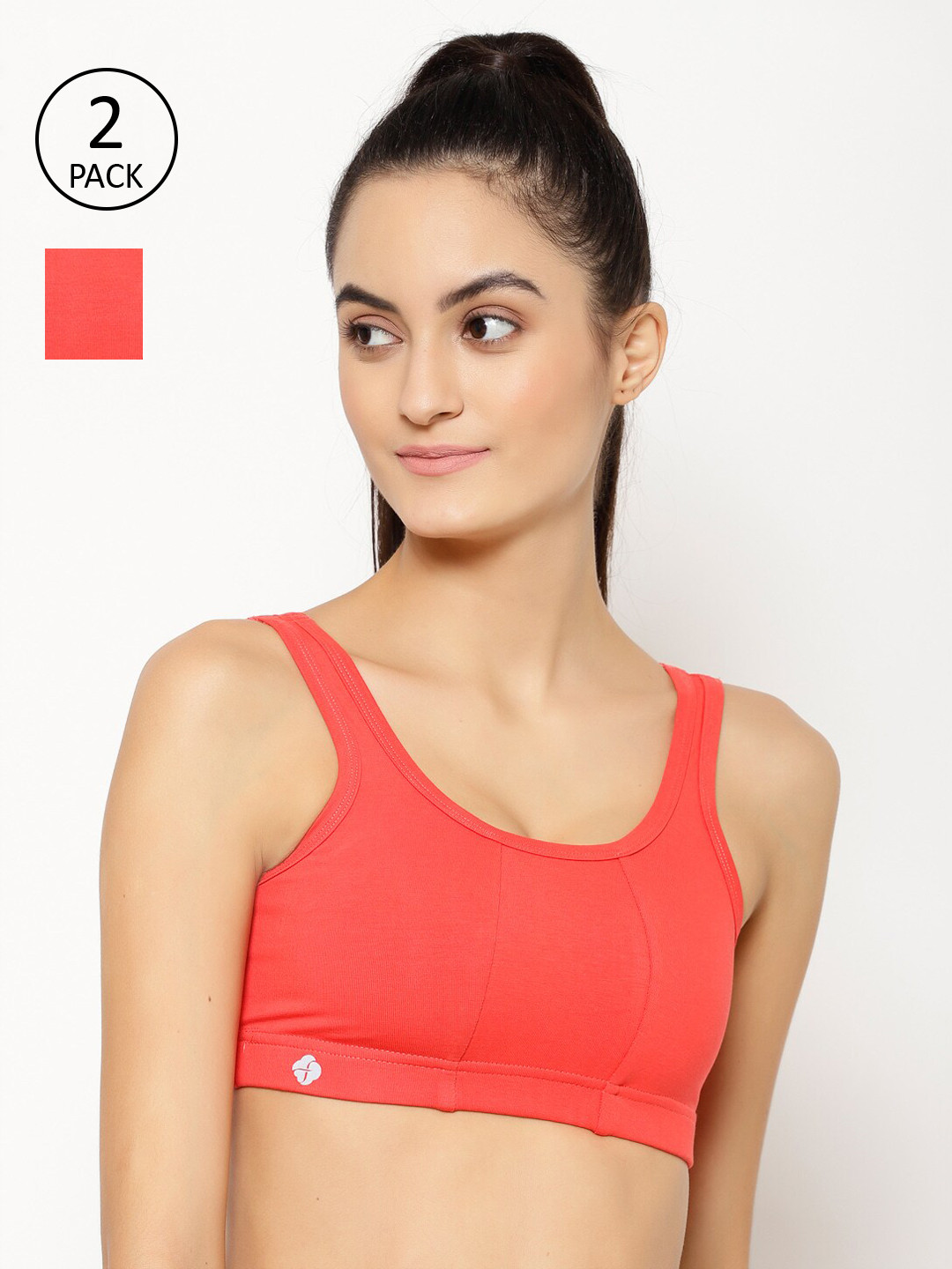 Floret Pack Of 2 Orange Solid Non-Padded Non-Wired Medium Support Sports Bra T3068