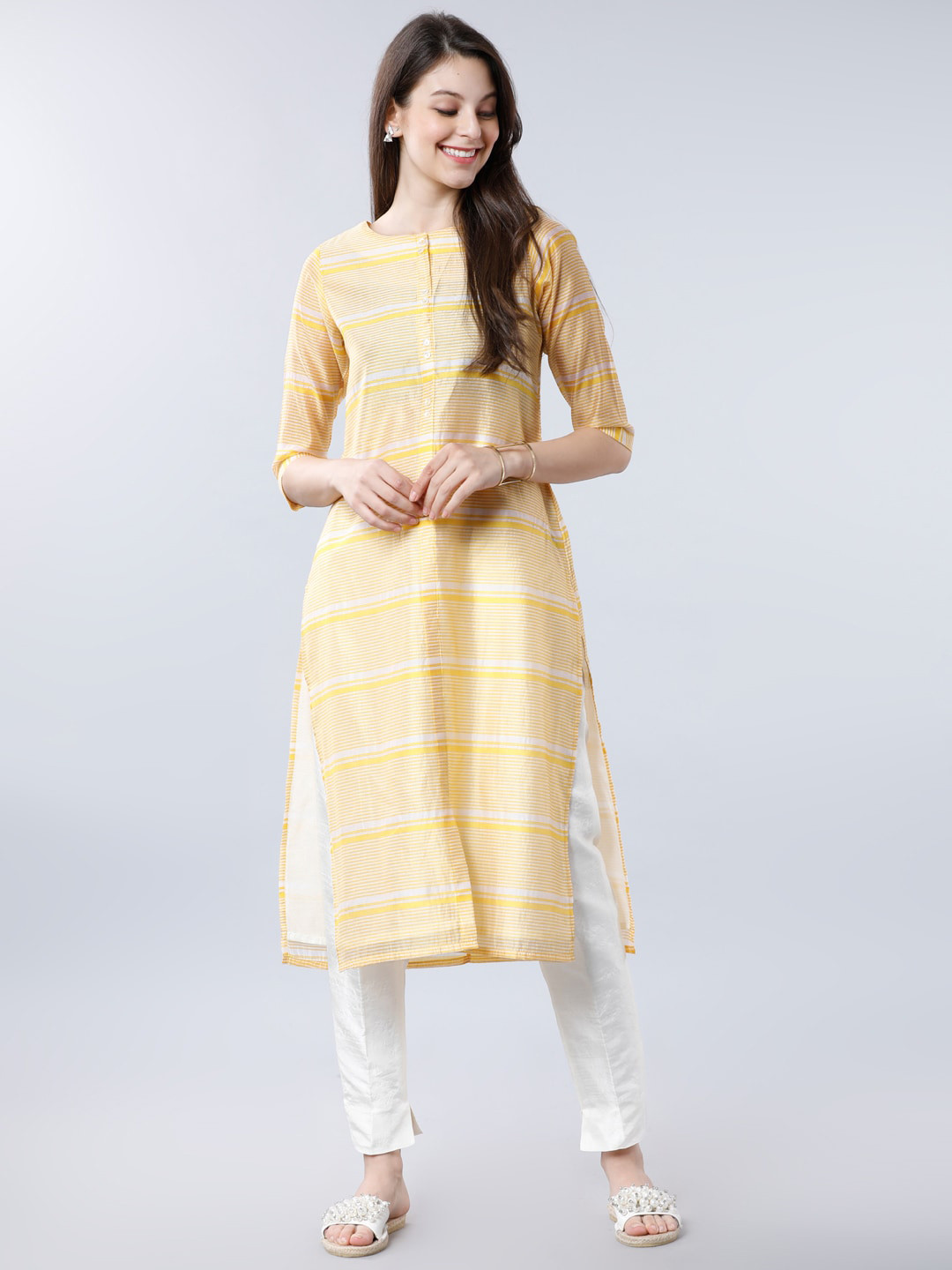 Vishudh Women Yellow & Off-White Striped Straight Kurta