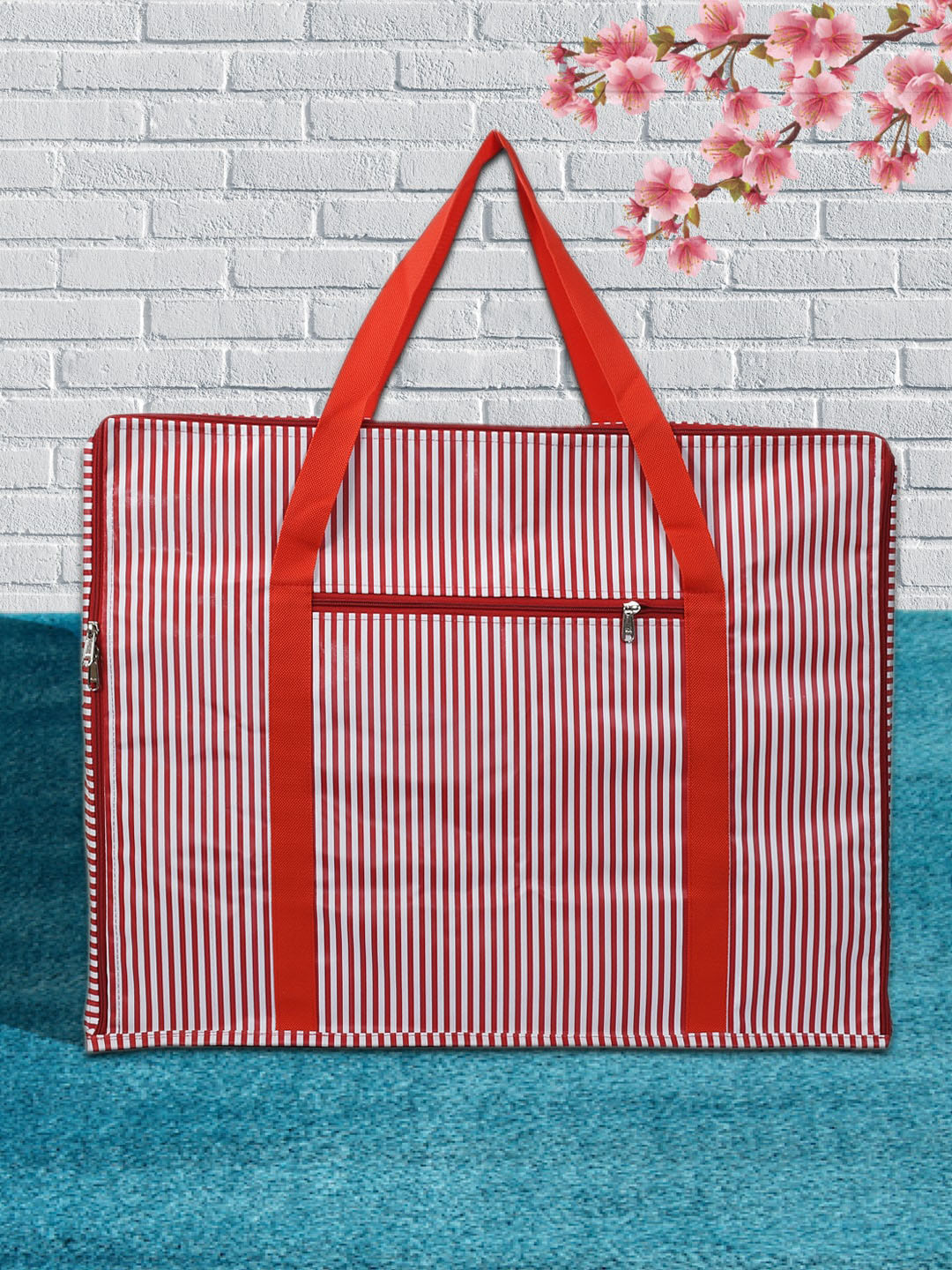Kuber Industries Red & White Striped Moisture-Proof Storage Bag