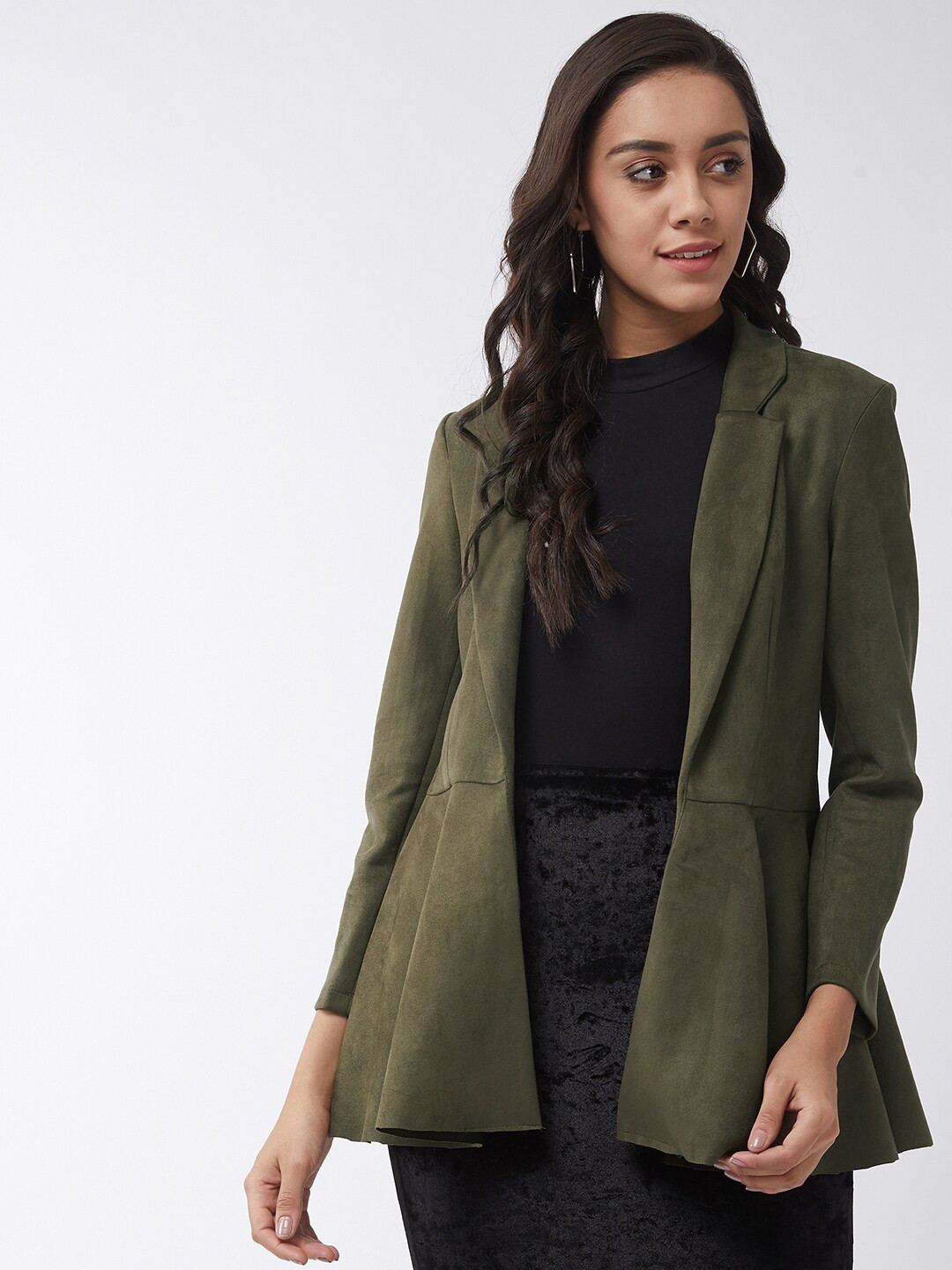 Zima Leto Women Olive Green Solid Suede Front Open Casual Blazer