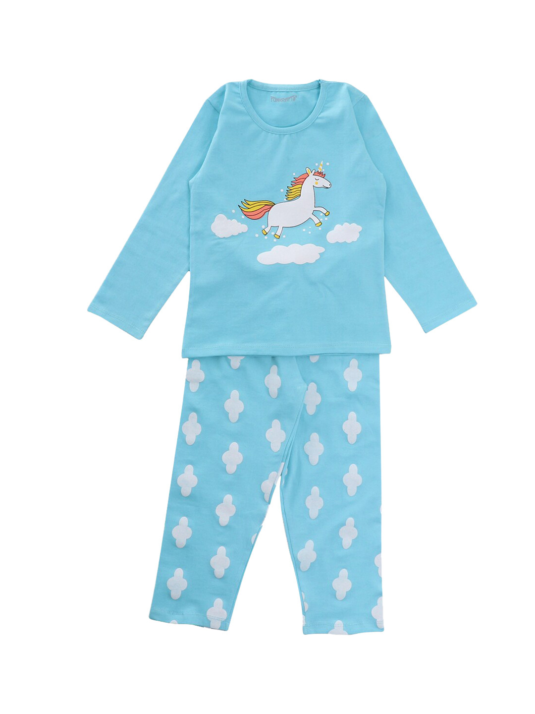 FUNKRAFTS Kids Blue & White Unicorn Screen Printed Night Suit