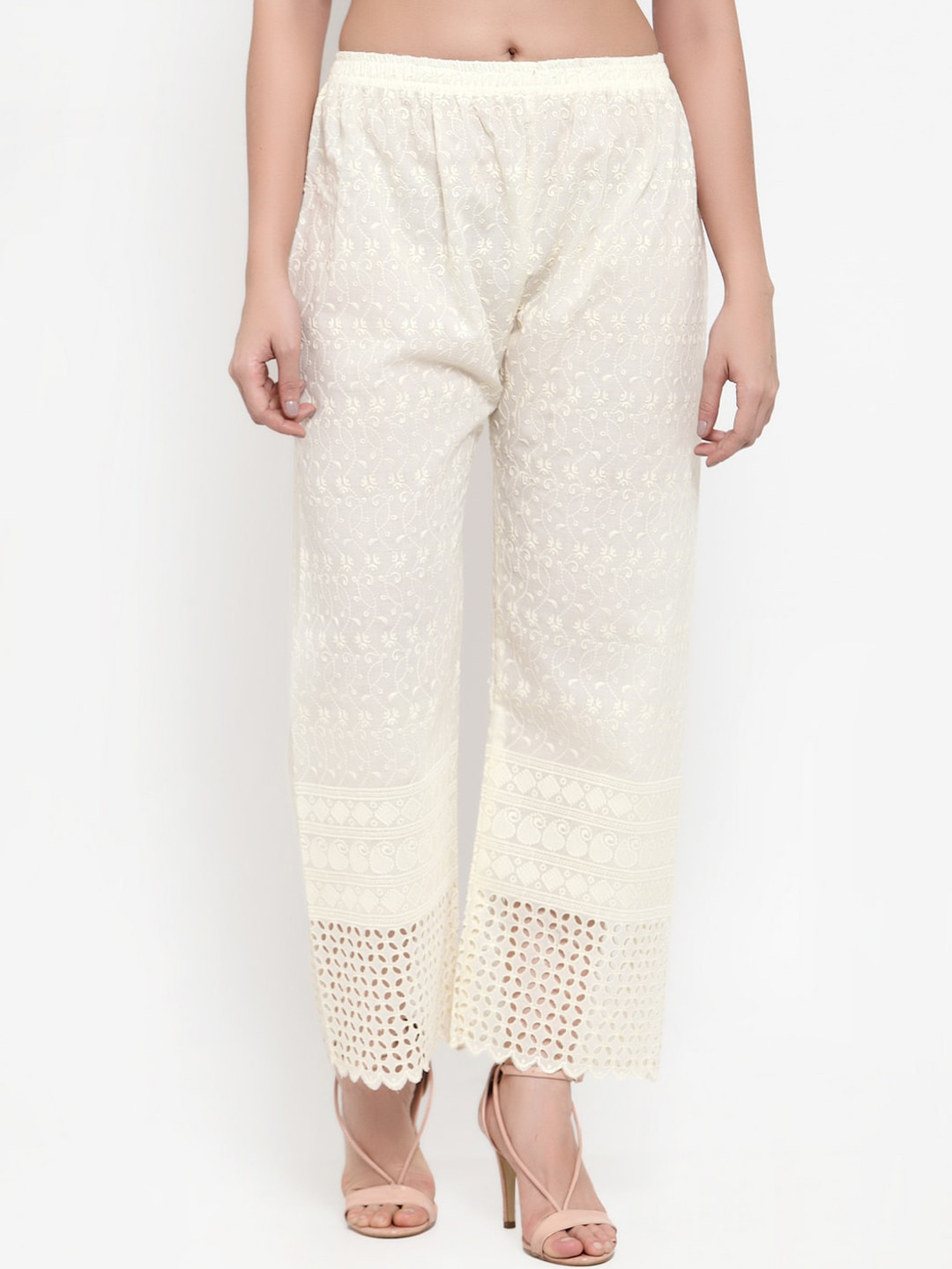 Miaz Lifestyle Women Cream-Coloured Embroidered Cotton Straight Palazzos