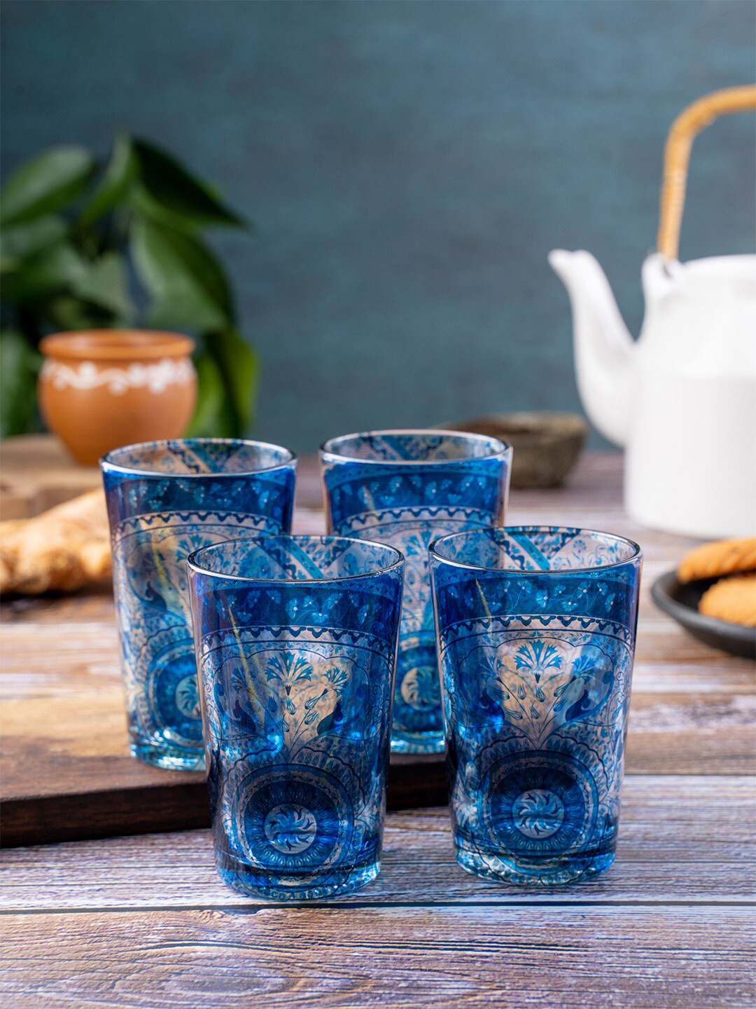 KOLOROBIA Oak Blue Ethnic Motifs Glass Microwave Safe 4 Piece Cups-200ml