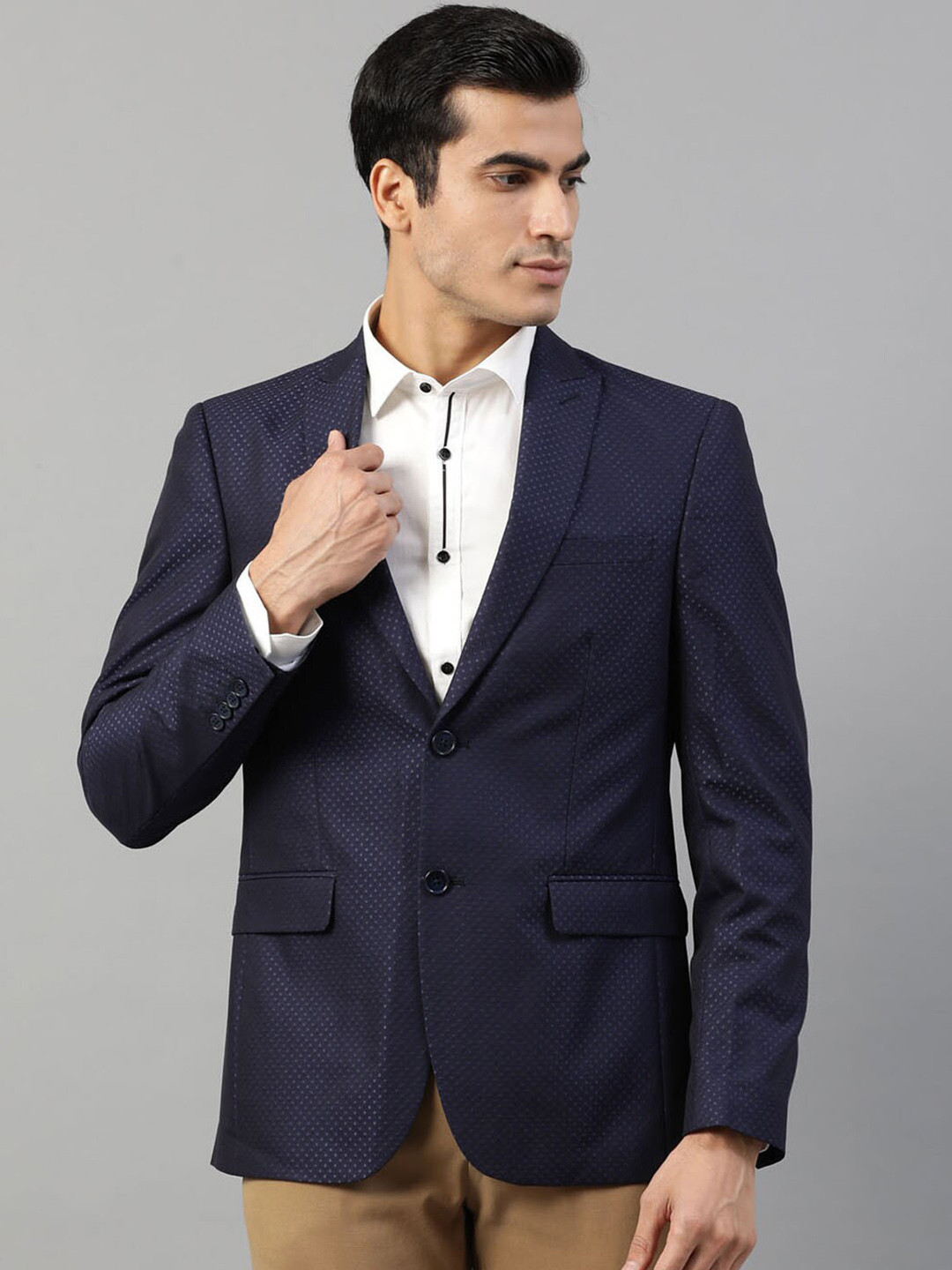 Harsham Men Navy Blue Self-Design Regular-Fit Single-Breasted Formal Blazer