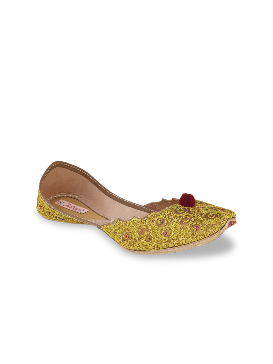 Fulkari Women Copper-Toned Woven Design Fabric Mojaris