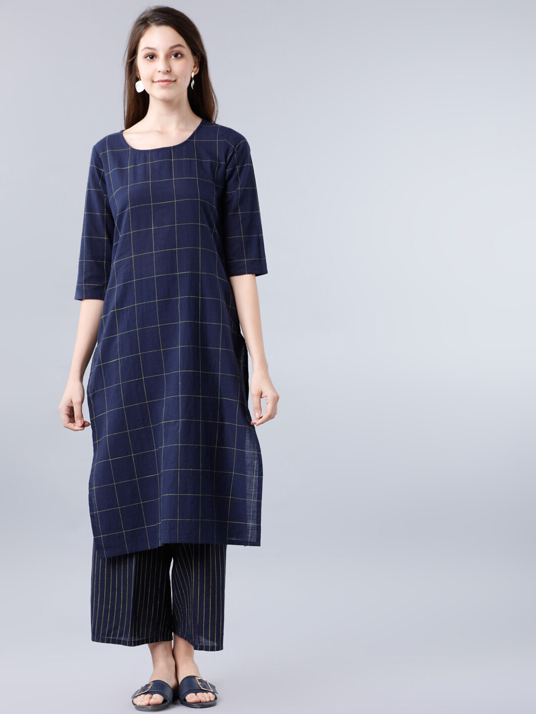 Vishudh Women Navy Blue & Lime Green Printed Kurta with Palazzos