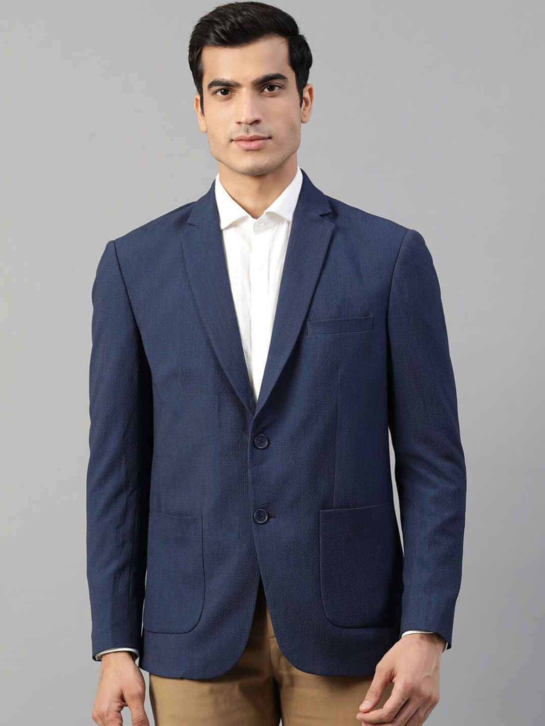 Men Navy Blue Self-Design Slim-Fit Single-Breasted Formal Blazer