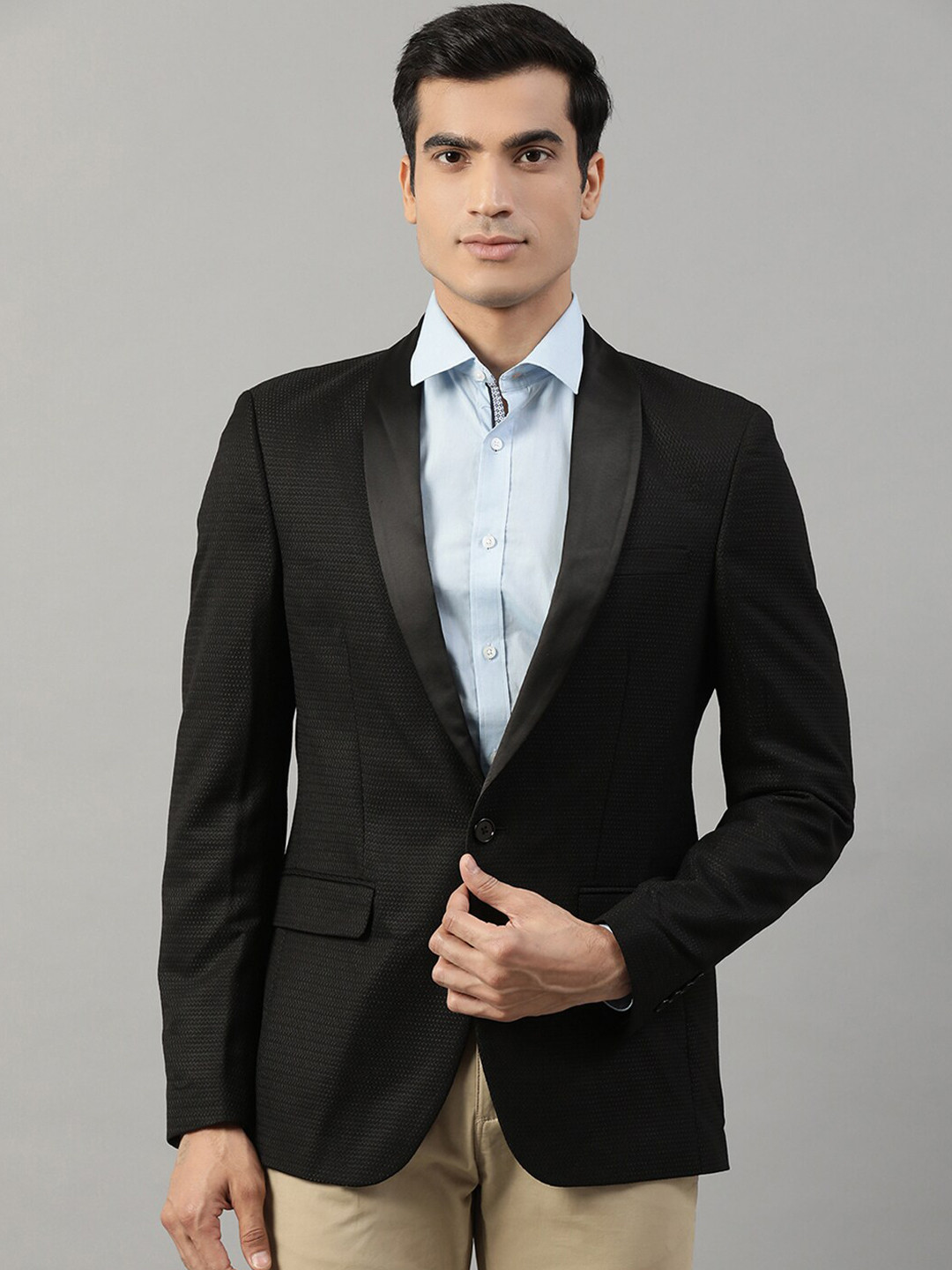HARSAM Men Black Self-Design Single-Breasted Formal Blazer