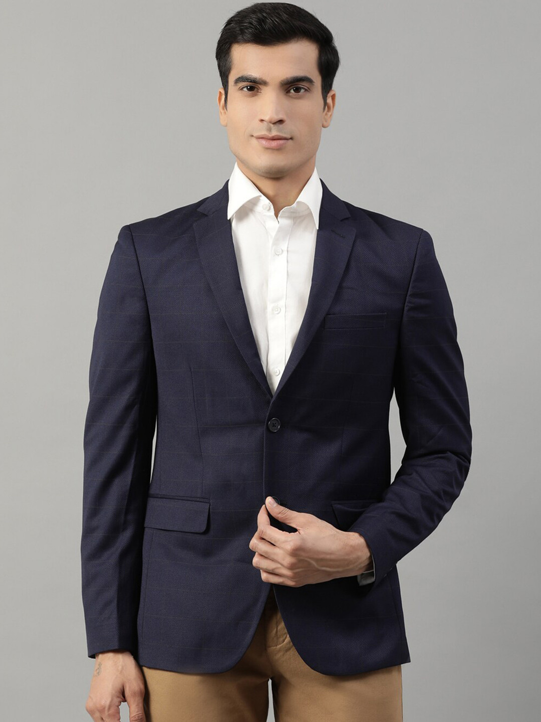 HARSAM Men Navy Blue Checked Regular-Fit Single-Breasted Formal Blazer