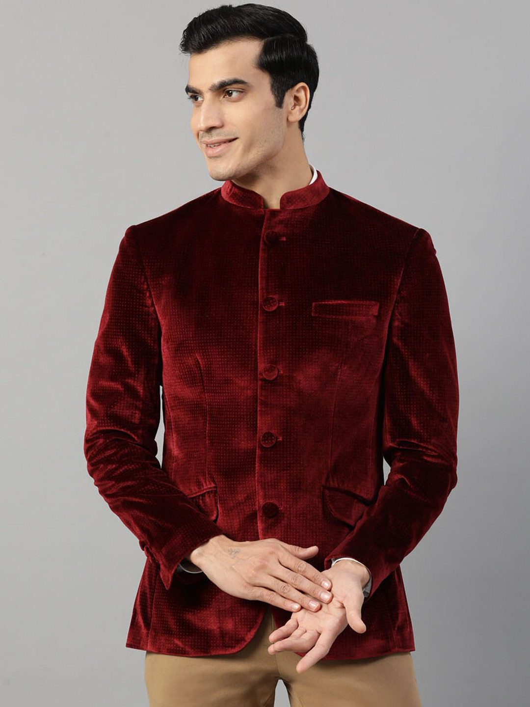 HARSAM Men Maroon Self-Design Bandhgala Blazer