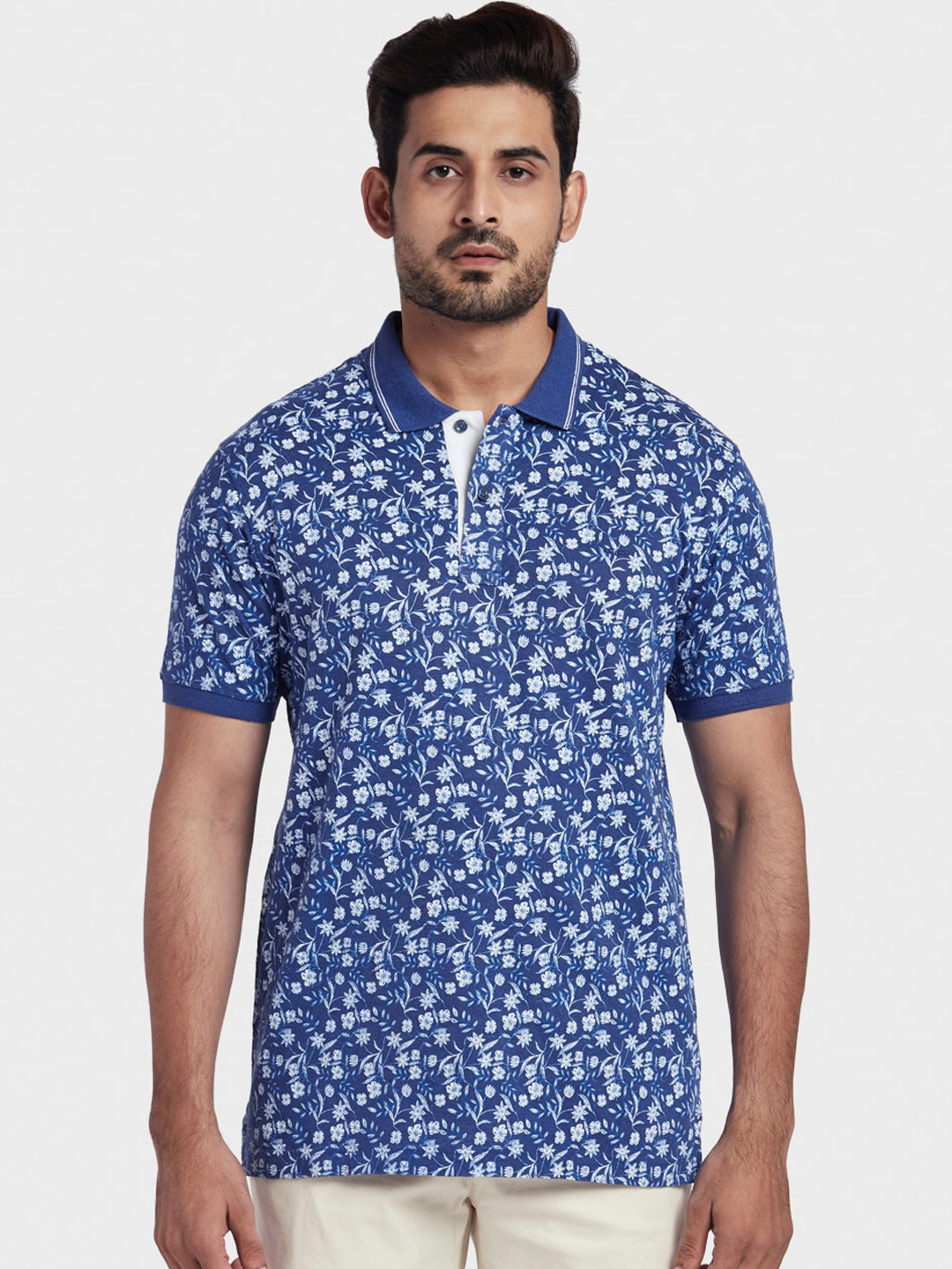 ColorPlus Men Blue Printed Polo Collar T-shirt