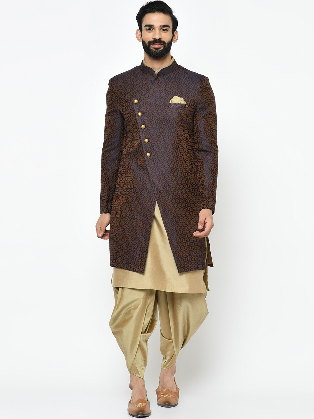 KISAH Men Brown & Beige Woven Design Indowestern Sherwani Set