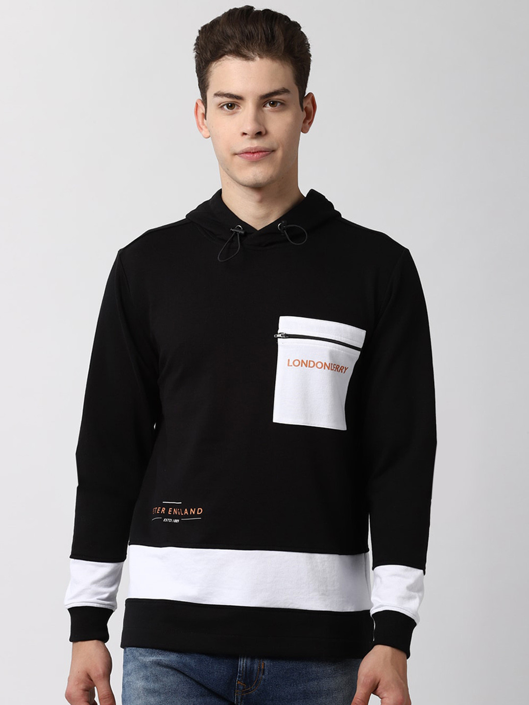 Peter England Casuals Men Black Solid Hooded Sweatshirt