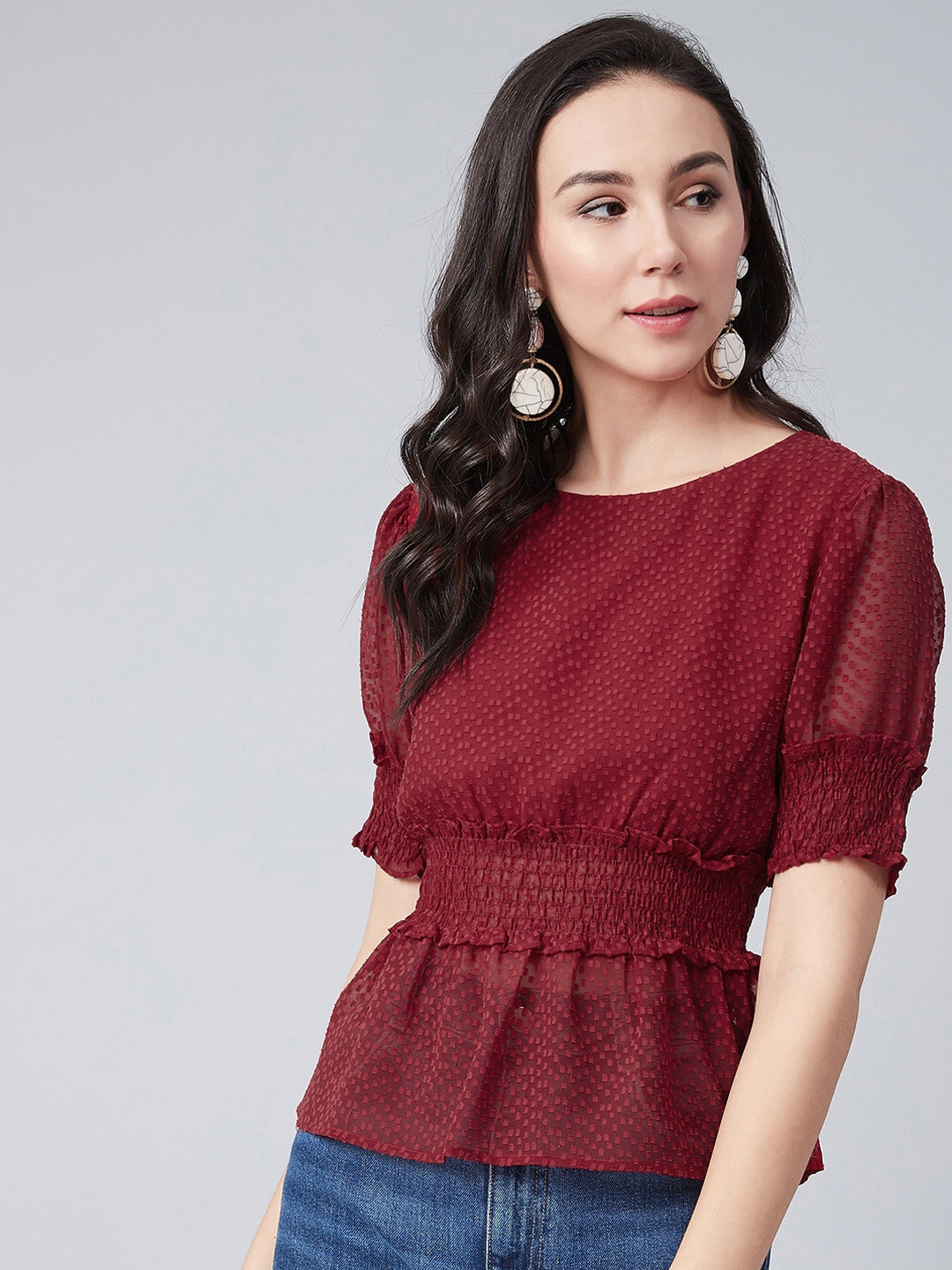 Marie Claire Women Maroon Solid Cinched Waist Top
