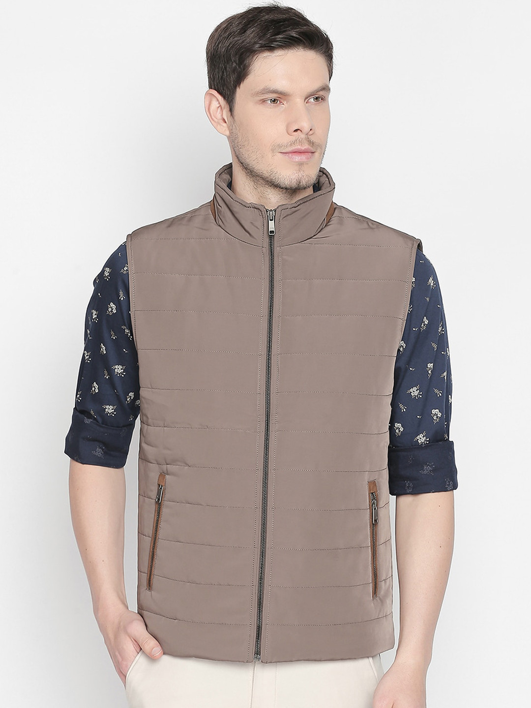 Basics Men Brown & Navy Blue Floral Print Lightweight Padded Jacket