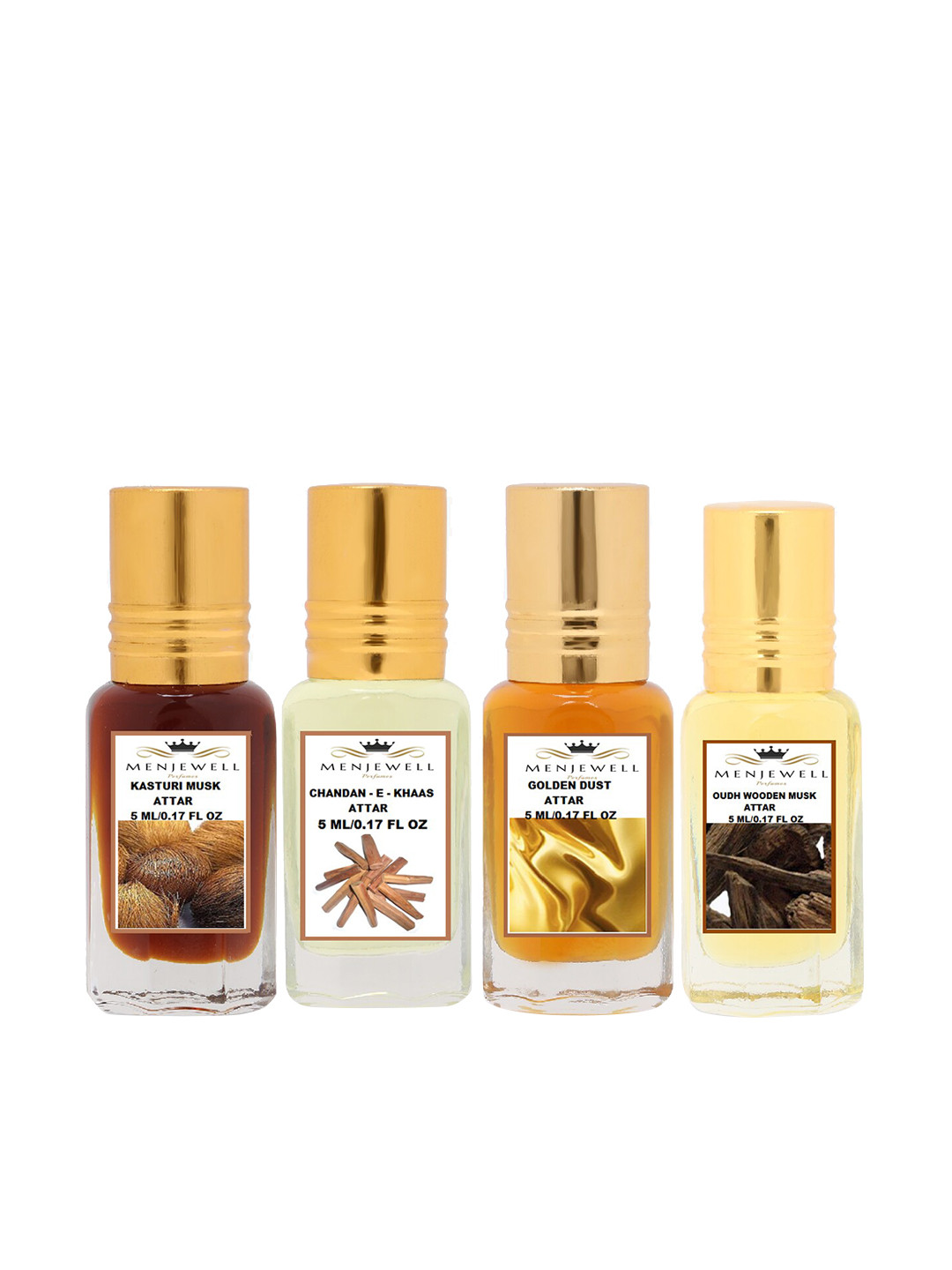 Menjewell Pack of 4Pc Kasturi Chandan Golden Dust Oudh Attar Perfume Each 5ml