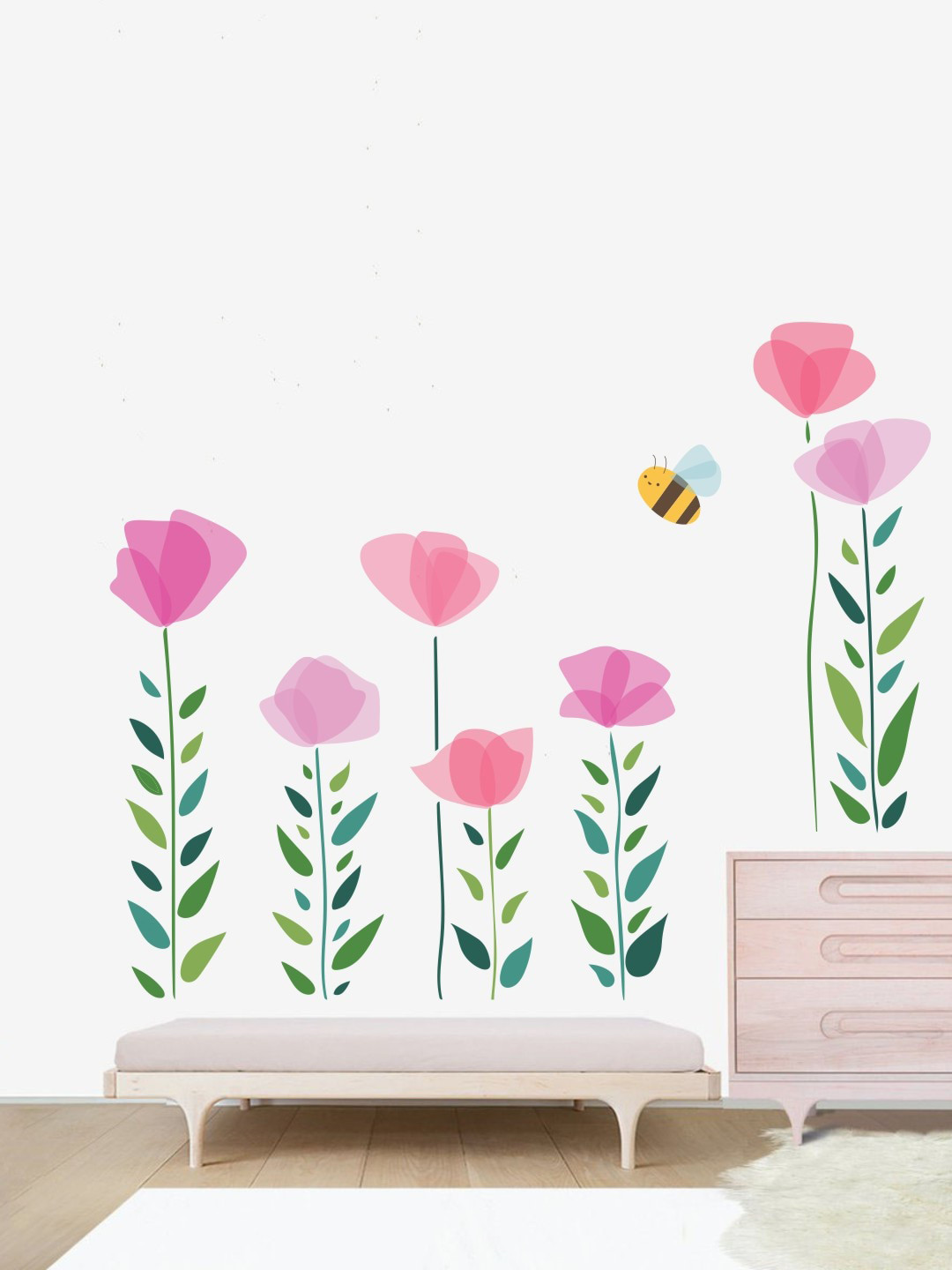 rawpockets Pink & Green Tulip Flowers Printed Wall Stickers