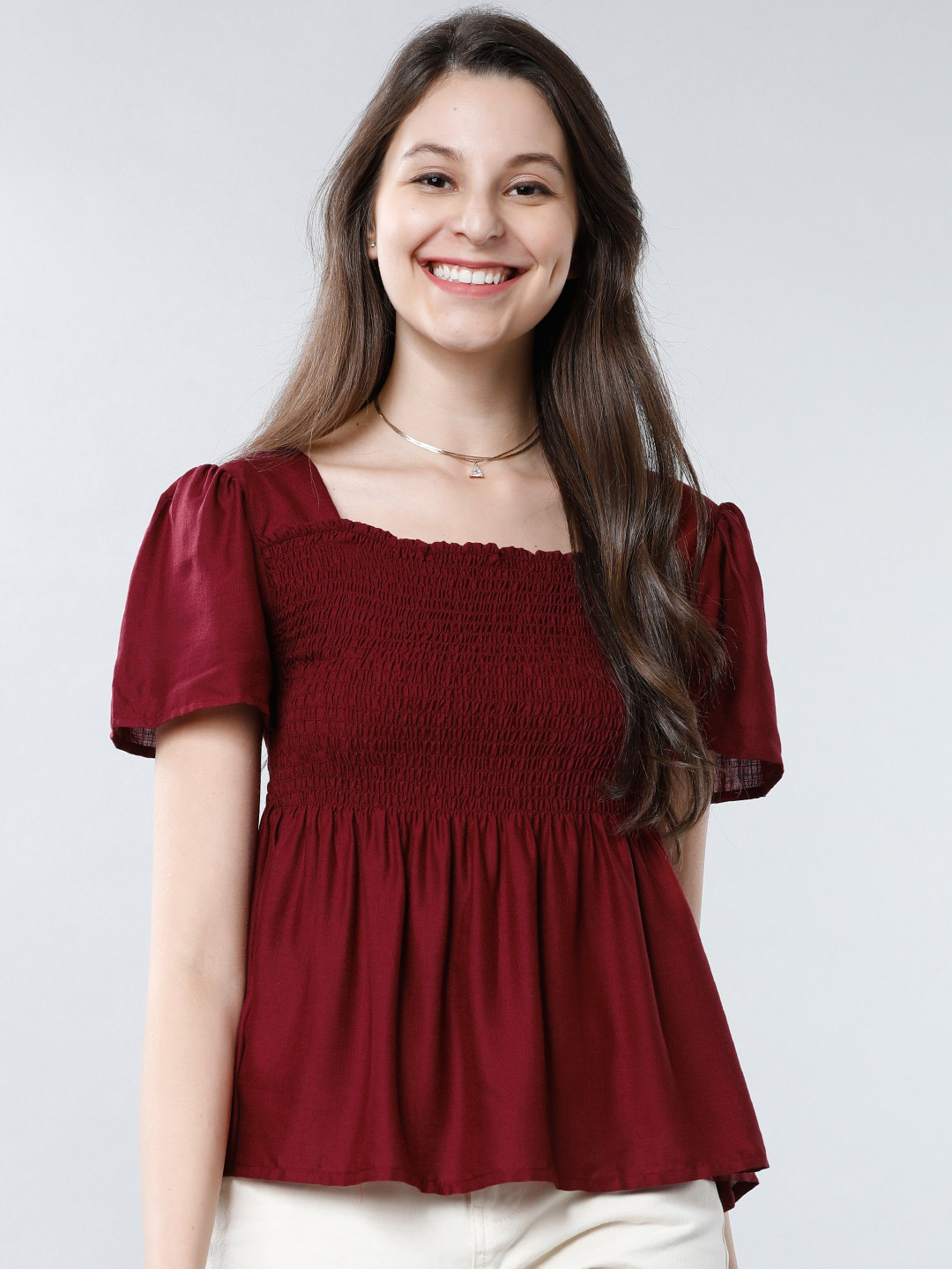 Tokyo Talkies Burgundy Smocked A-Line Top