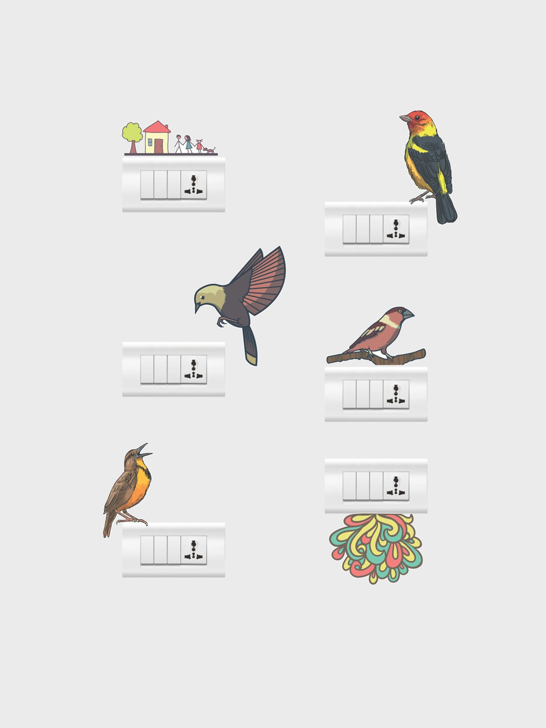 rawpockets Multi Coloured Birds Art Combo Wall Stickers