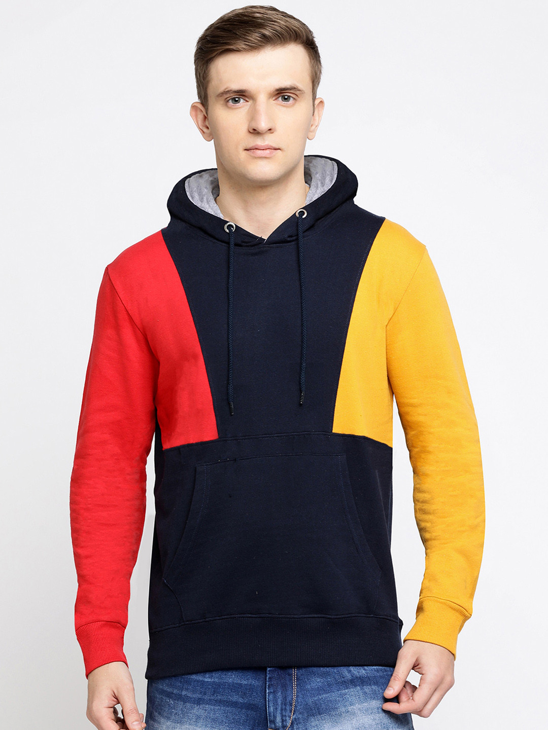 Maniac Men Navy Blue & Red Colourblocked Hooded Sweatshirt