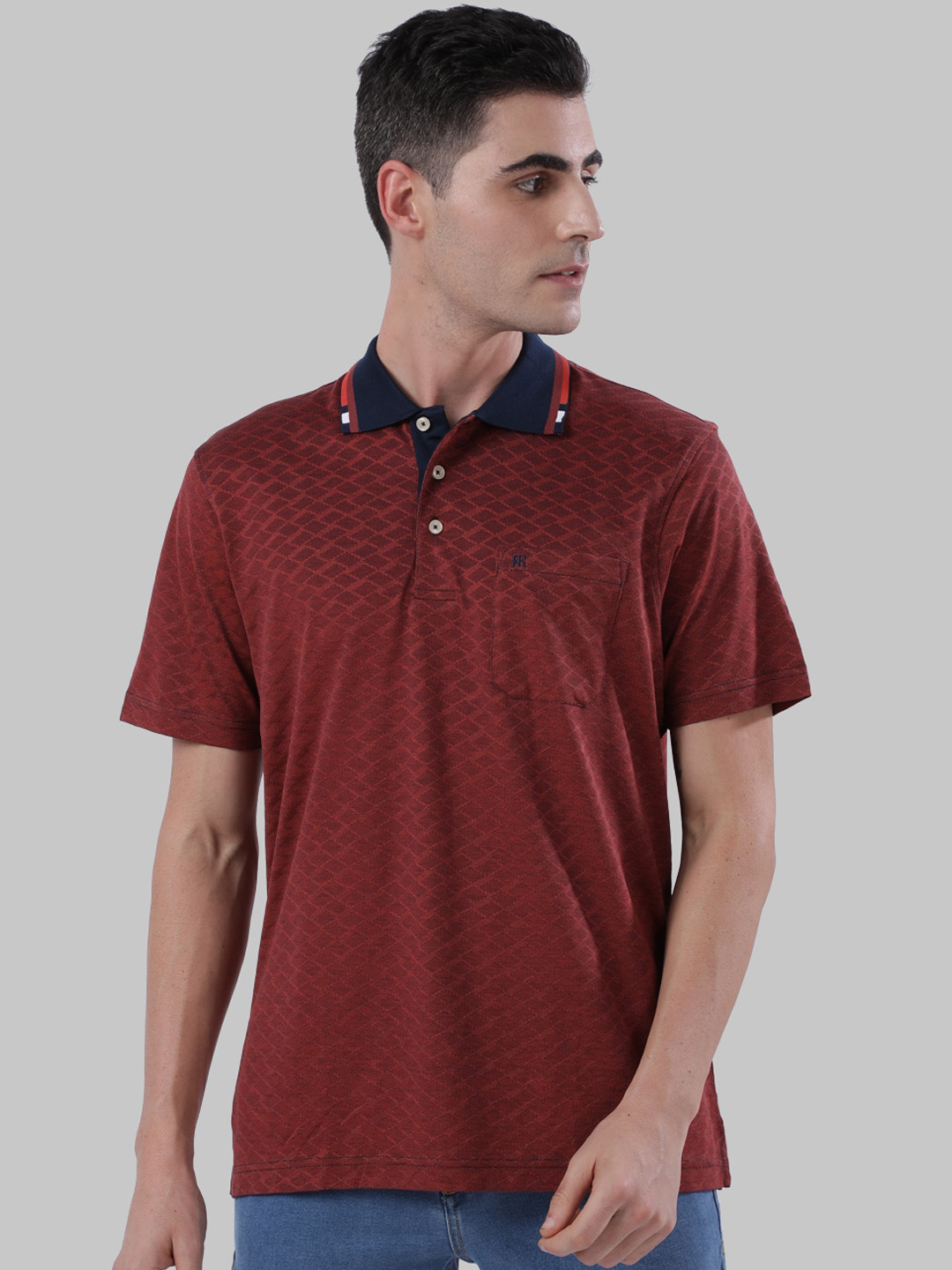 Raymond Men Rust Orange Self Design Polo Collar T-shirt