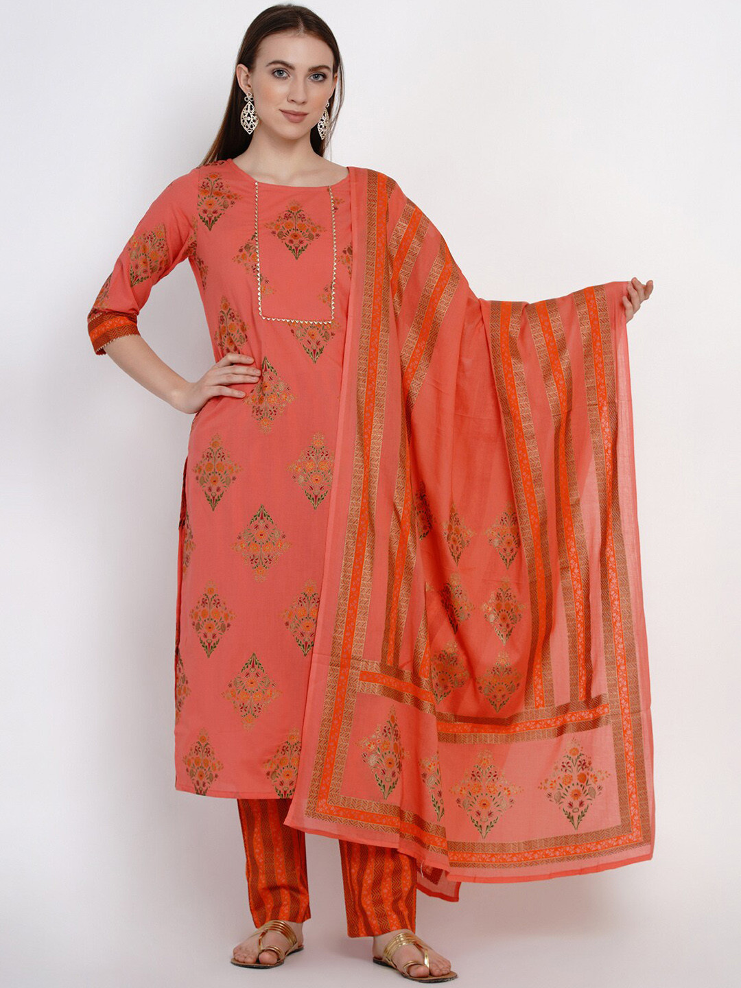 Yuris Women Peach-Coloured & Gold-Toned Printed Kurta with Trousers & Dupatta