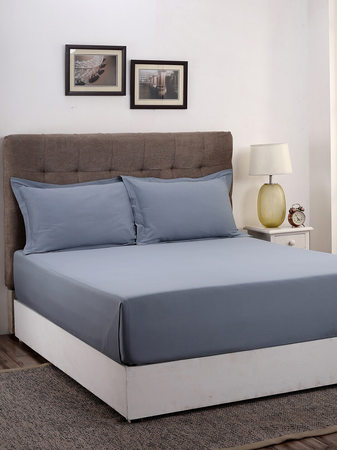 MASPAR Blue Solid 400 TC Satin Double Bedsheet With 2 Pillow Covers