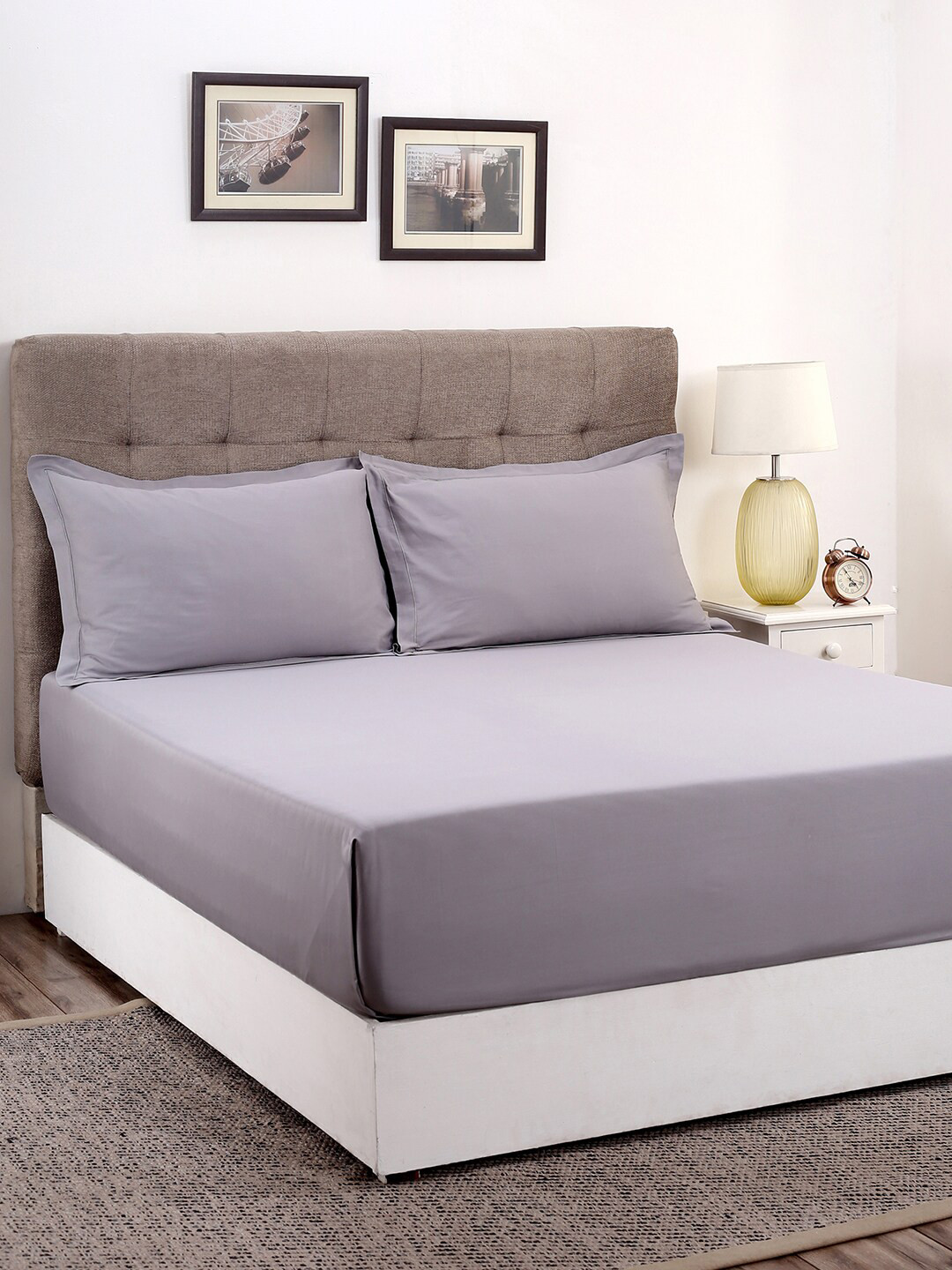 MASPAR Grey Poly Satin 400 TC King Superfine Bedsheet with 2 Pillow Covers-108 x 108 inches