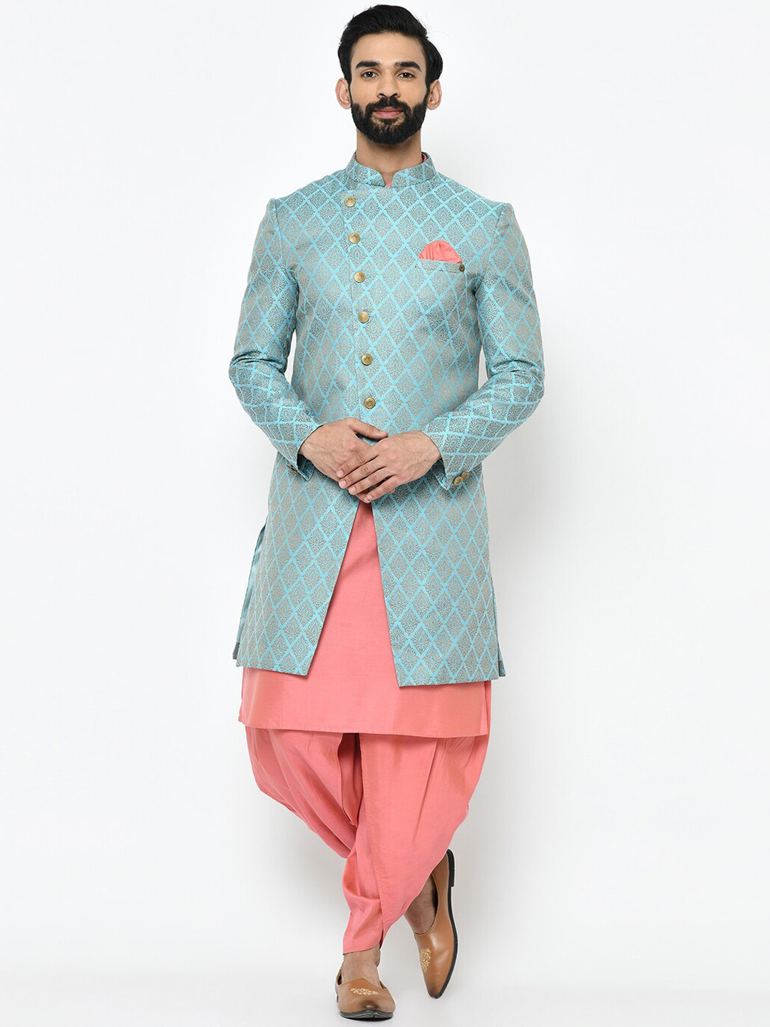 KISAH Men Blue & Pink Printed Indowestern Sherwani set