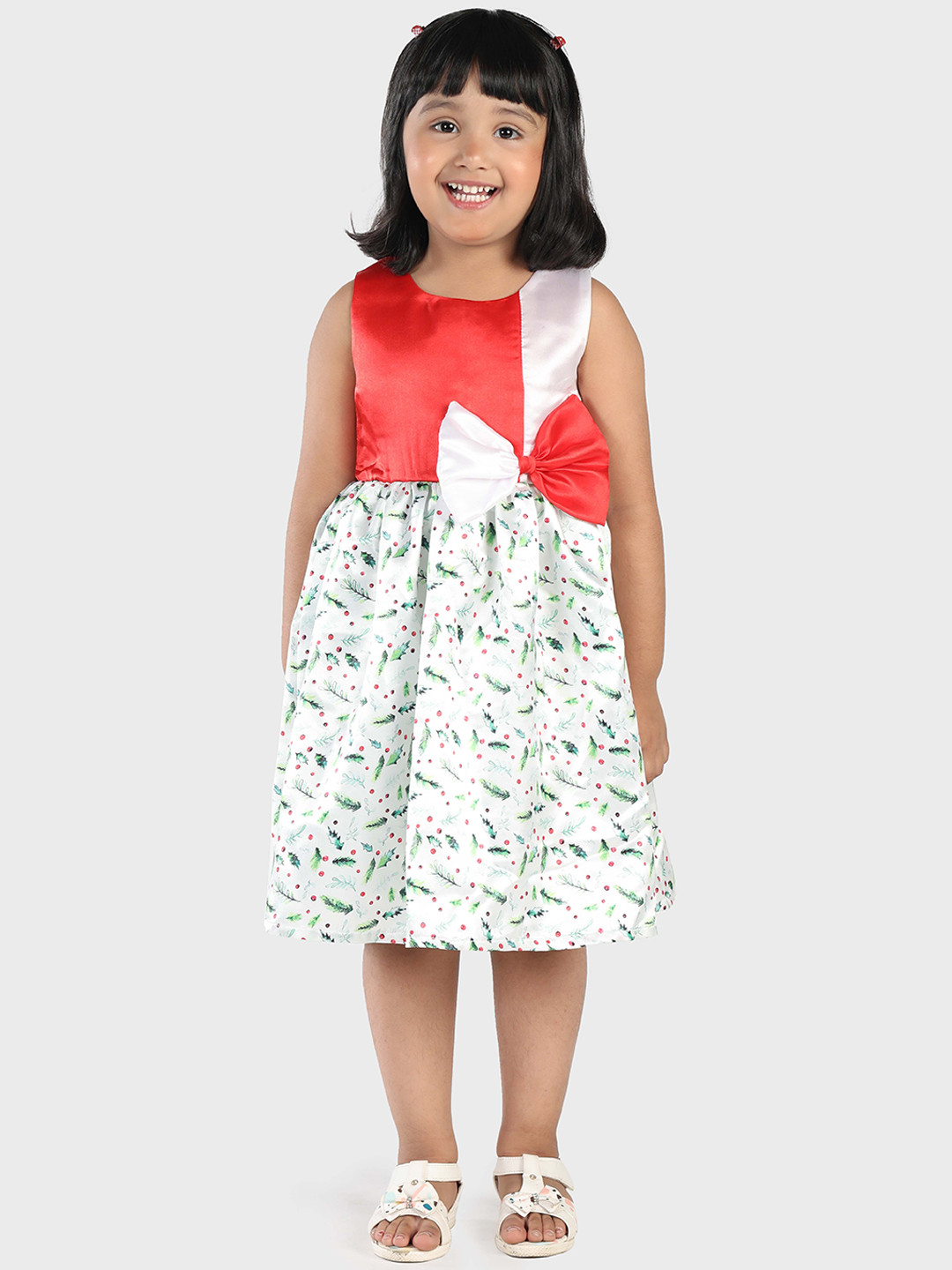 MANY FROCKS & Girls Red & White Floral Printed Empire Dress